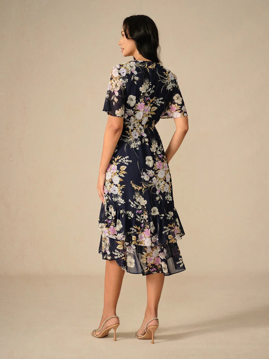 Robe midi en chiffon à fleurs avec décolleté en V et zips