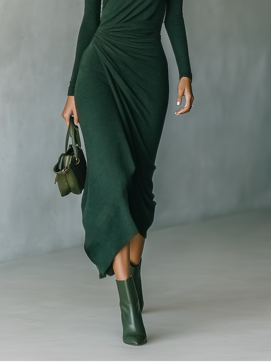 Robe midi femme vert foncé avec haute élasticité en forme de pull à col montant MDA2023J2T