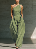 Robe jumpsuit à une bretelle et jambes larges de couleur vert clair pour femmes avec taille à nouer MDZ3136A8T