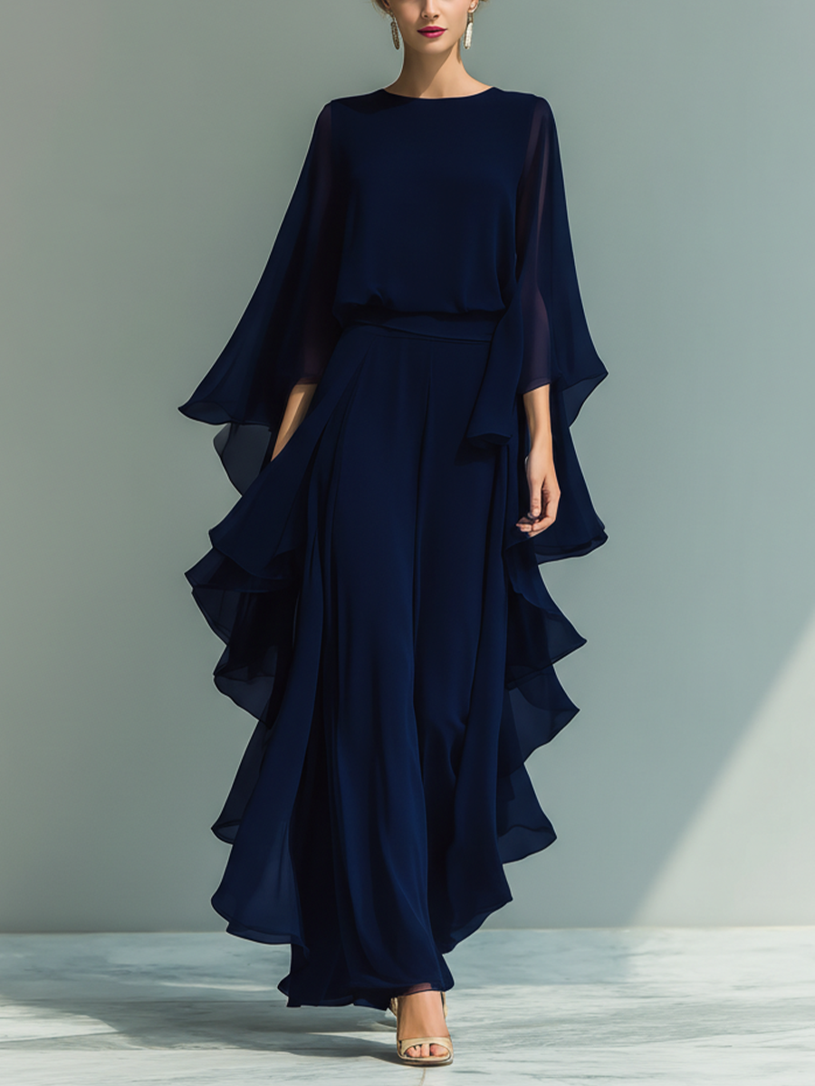 Chemisier en chiffon pour femmes en bleu Navy avec des manches évasées et un pantalon droit avec des détails plissés MDZ2218A5T