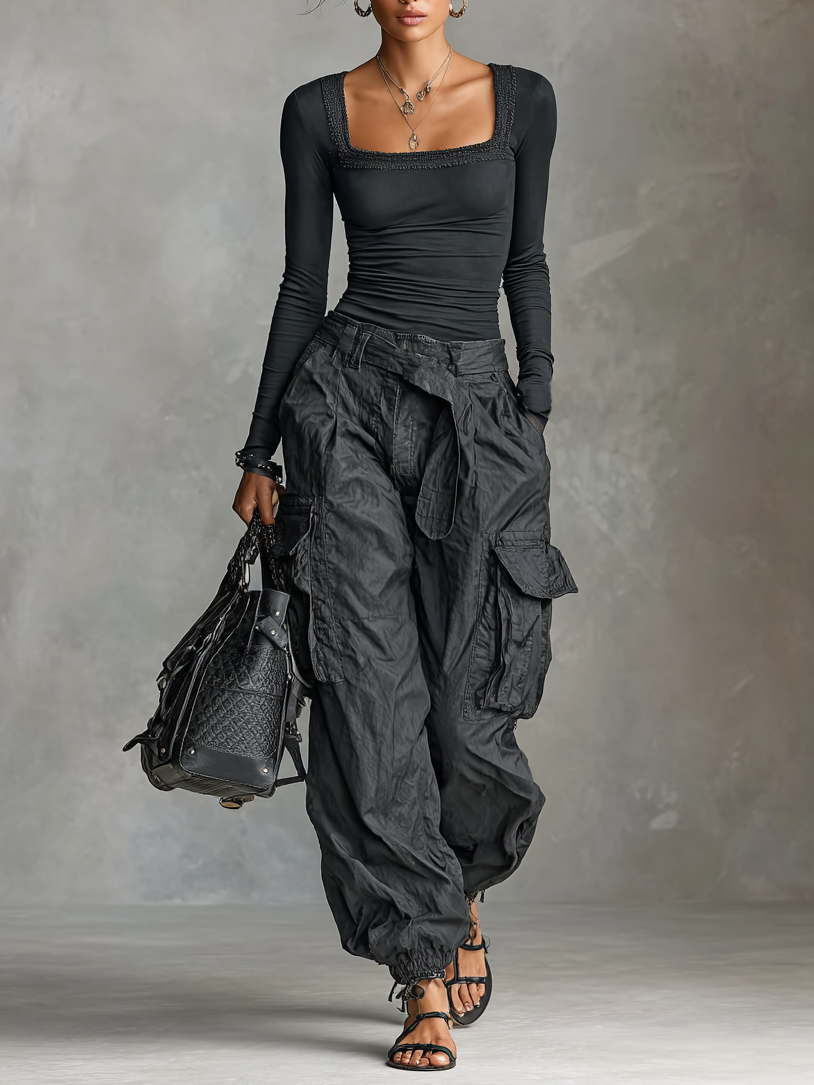 Ensemble deux pièces t-shirt à manches longues avec col carré et pantalon cargo avec de nombreuses poches