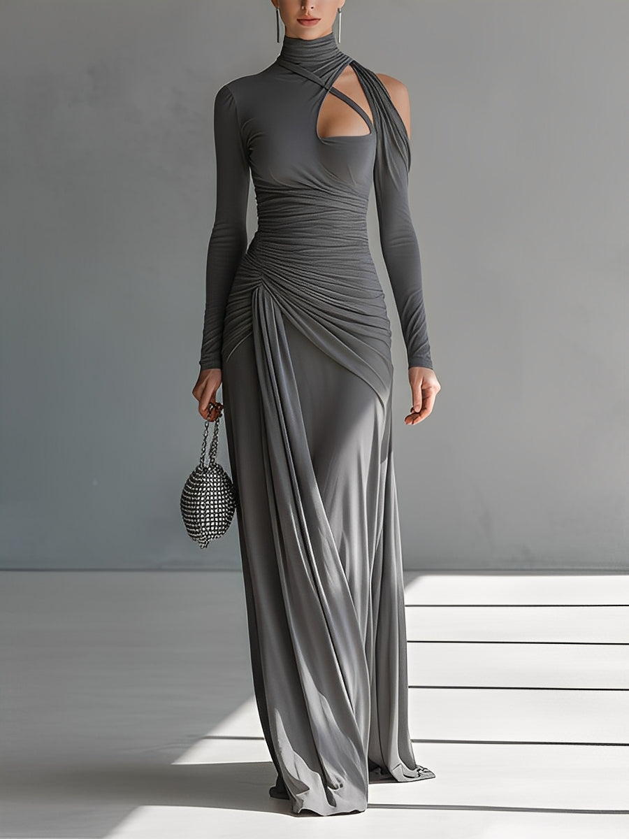 Robe maxi femme grise en soie stretch avec détails froissés et coupe MDA0546K6I
