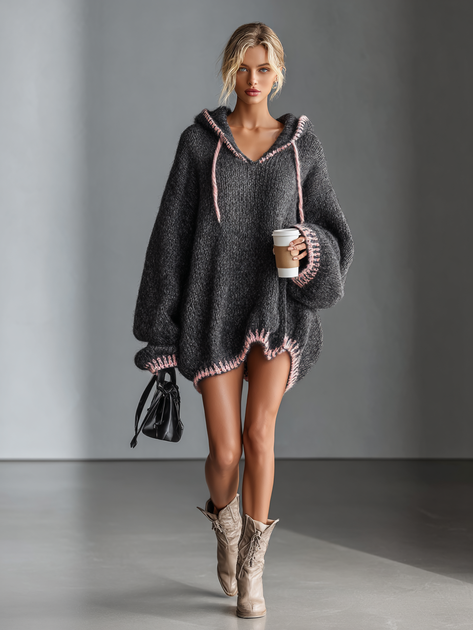 Robe mini tricotée avec capuche rose pour femmes MDA0255I8Y