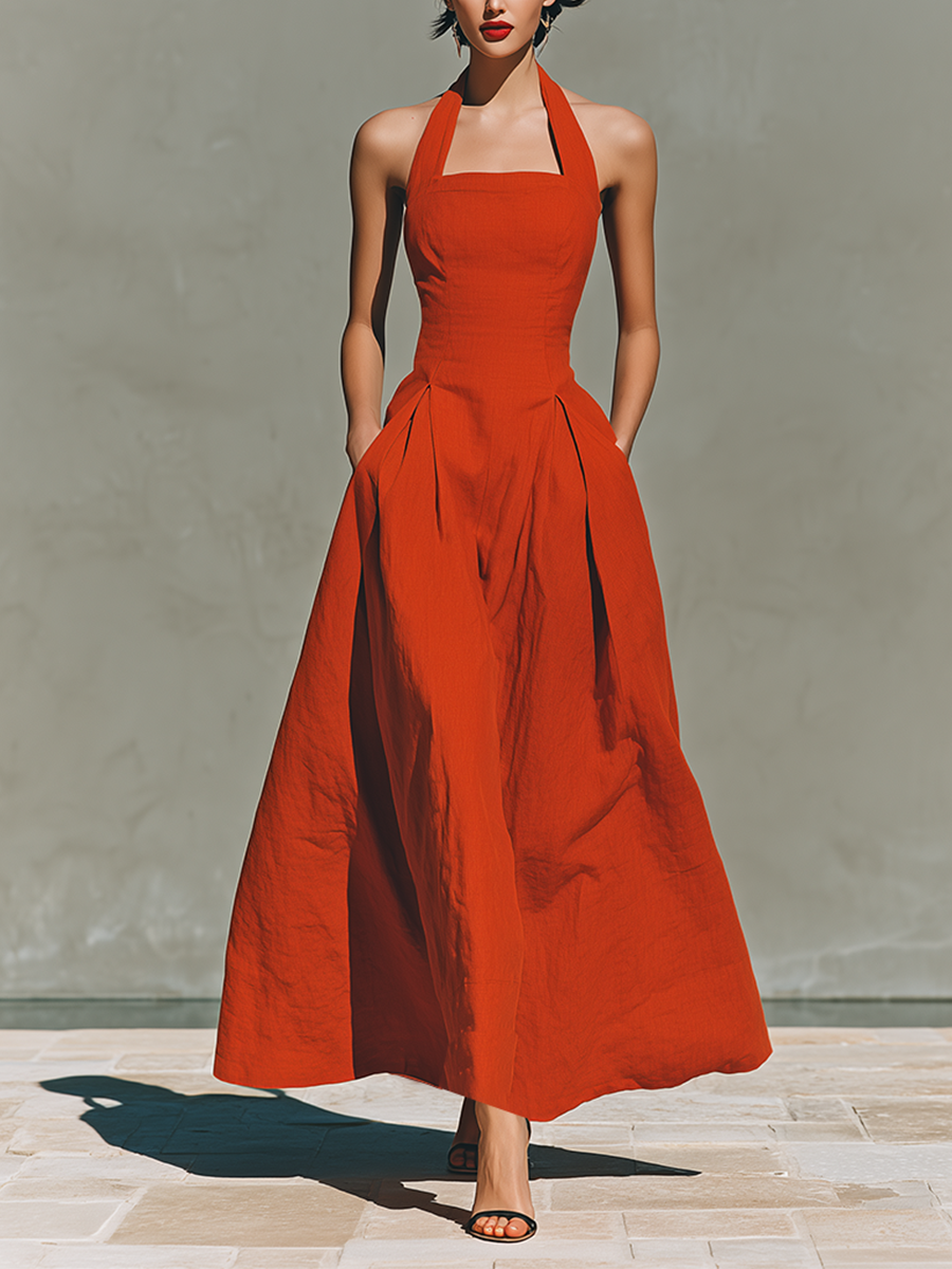 Robes maxi femmes rouges en lin avec col halter et jupe plissée, robe de vacances élégante et inspirante MDZ2016C7I