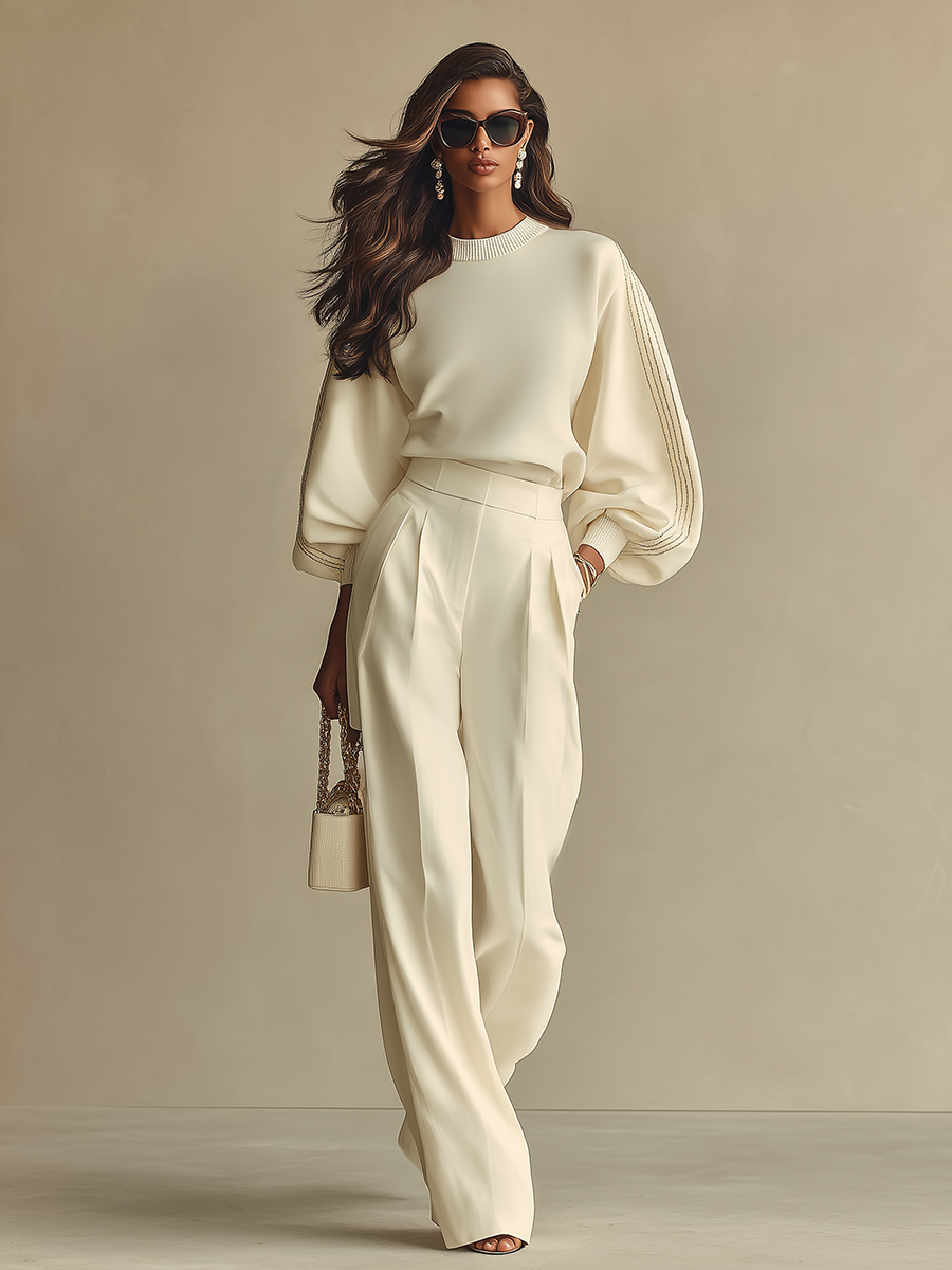 Ensemble texturé couleur ivoire pour femmes avec col rond froissé et pantalon taille haute, ensemble moderne et raffiné MDA2231L6I