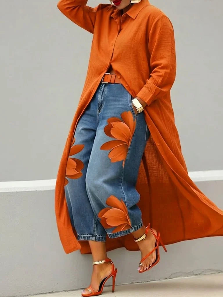 Très | Coordonnée de chemise longue et jeans fleuris