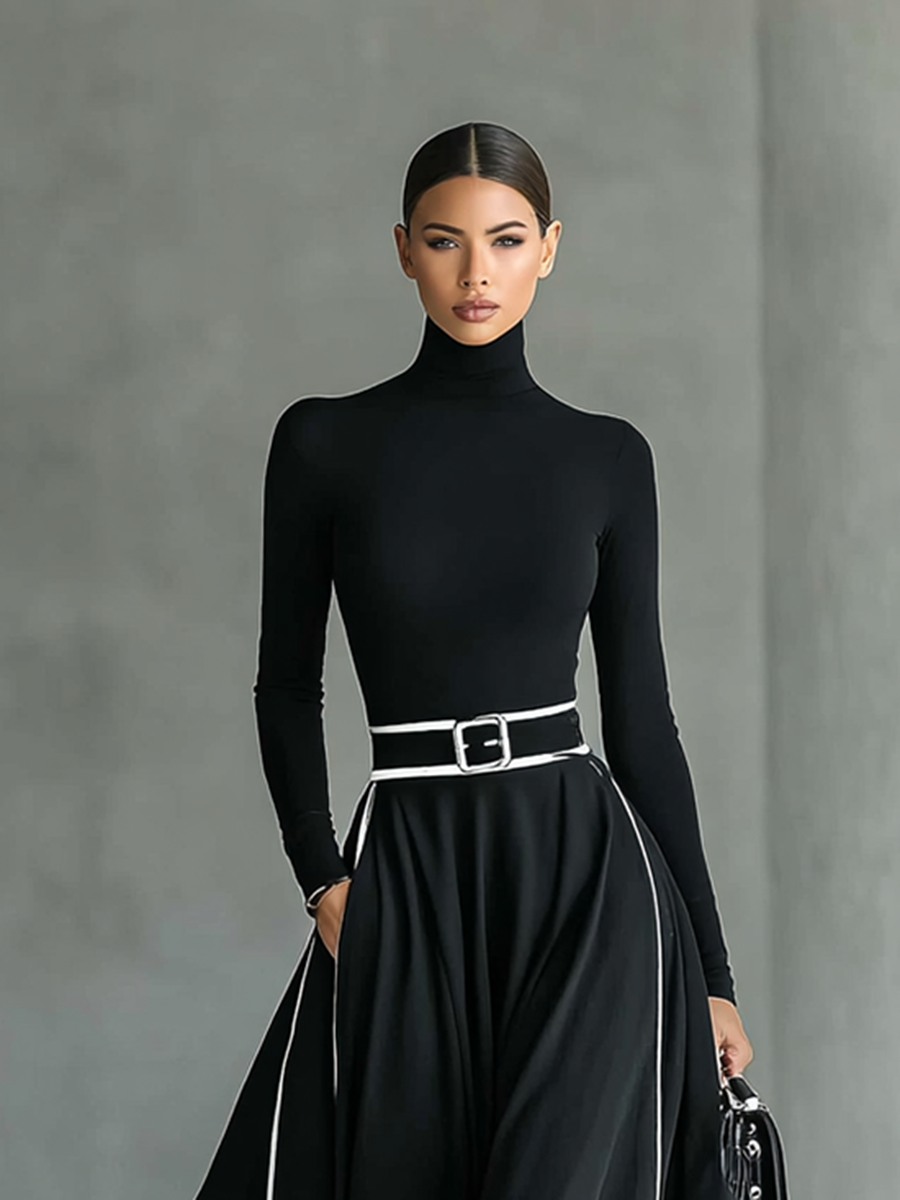 Robe maxi noire pour femmes avec coutures blanches, col haut, manches longues, ceinture ajustée MDA1031G0Y
