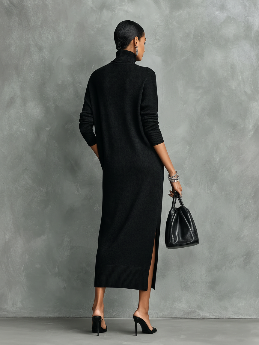 Robe midi pour femmes en noir, tricotée, avec col montant, manches longues, ample, sans poches MDA1974L7AN