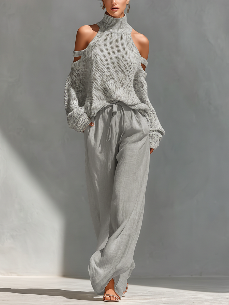 Ensemble top à col montant et épaules dénudées en tissu tricoté beige avec un pantalon large MDZ0984A5T
