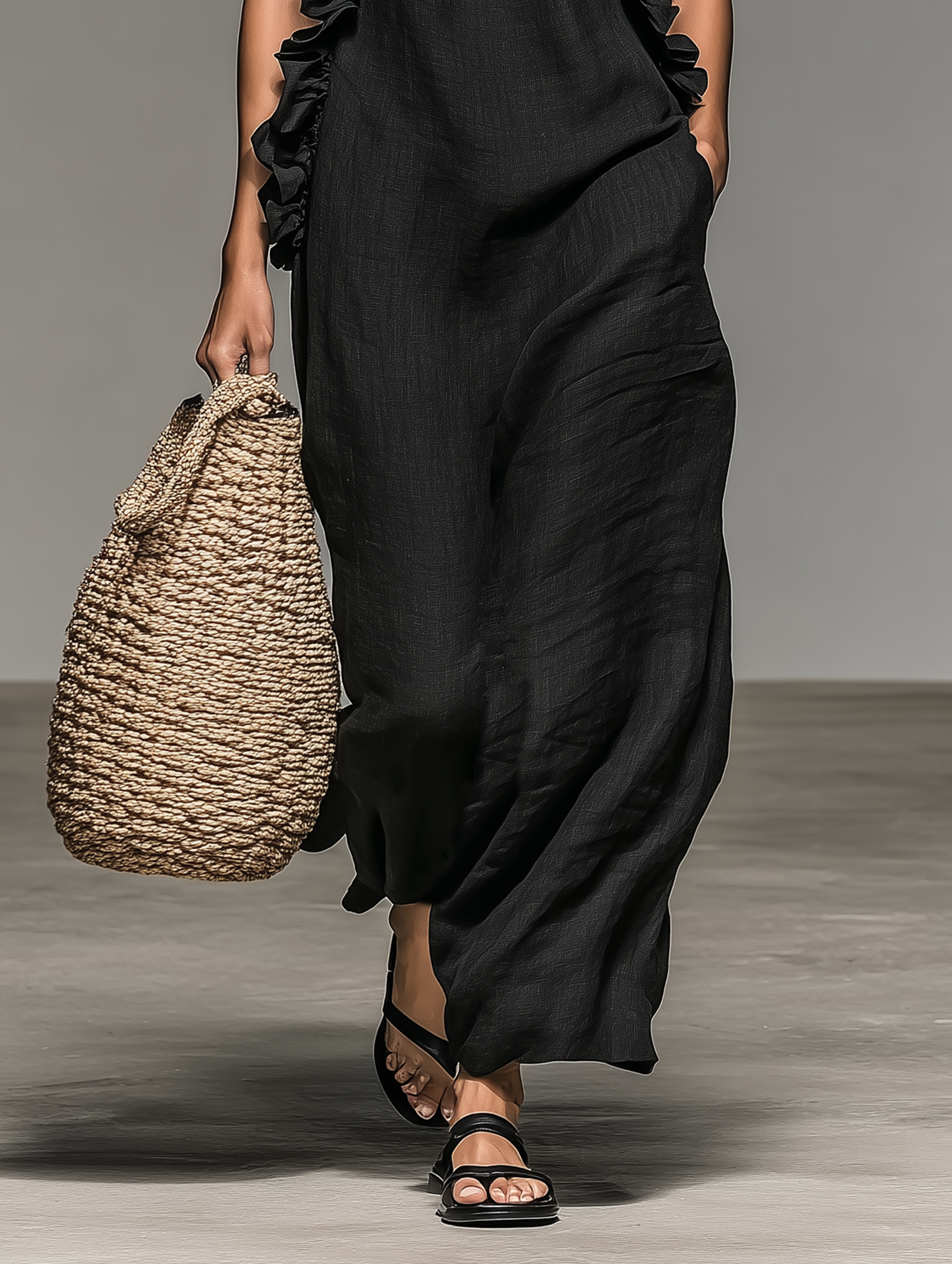 Robe maxi sans manches au design minimaliste en lin MDZ1622A0Y