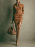Robe mini femme marron caramel en simili cuir avec col montant et fermeture éclair MDA2432I8T