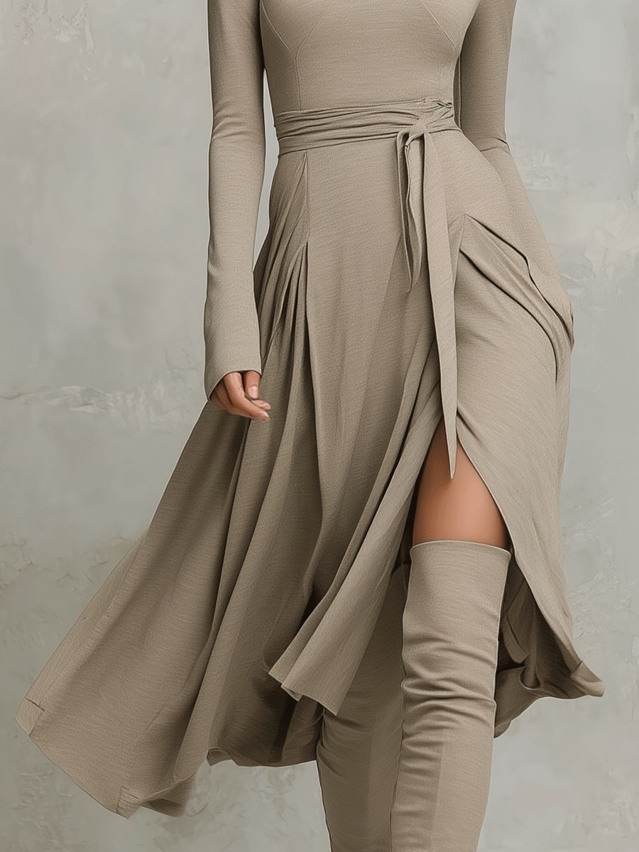 Robe midi tricotée mixte pour femmes avec des manches longues et flatteuses MDA2446G6I