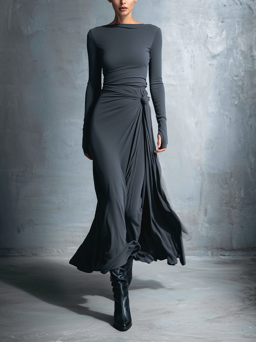 Robe maxi femme grise raffinée en tissu stretch - Robe maxi avec nœud MDA1401H9I