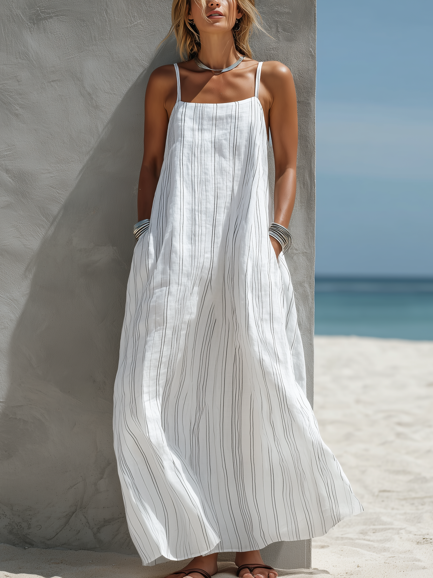 Robes longues pour femmes avec rayures verticales, blanc, léger et fluide MDZ0324C9AN