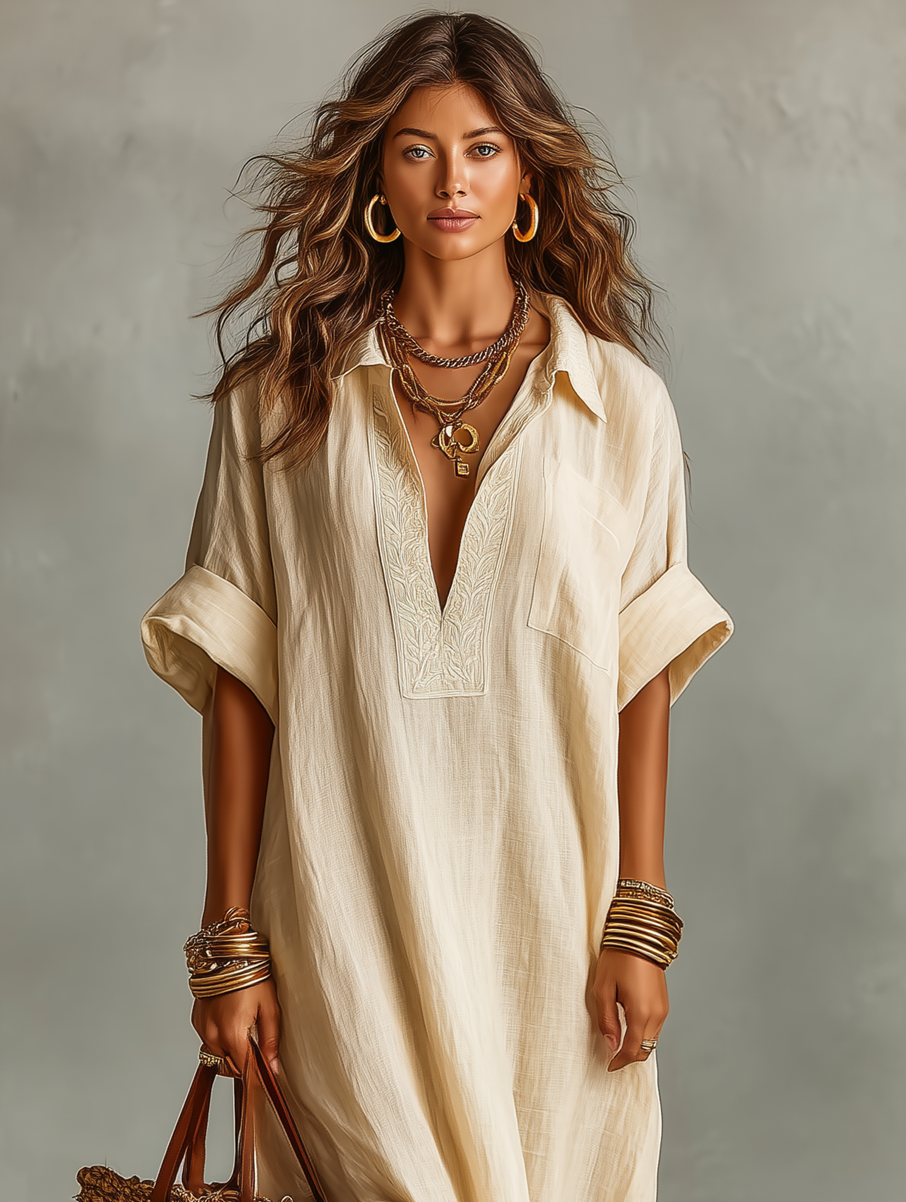 Robes maxi à manches courtes avec broderie pour femmes dans un style minimaliste