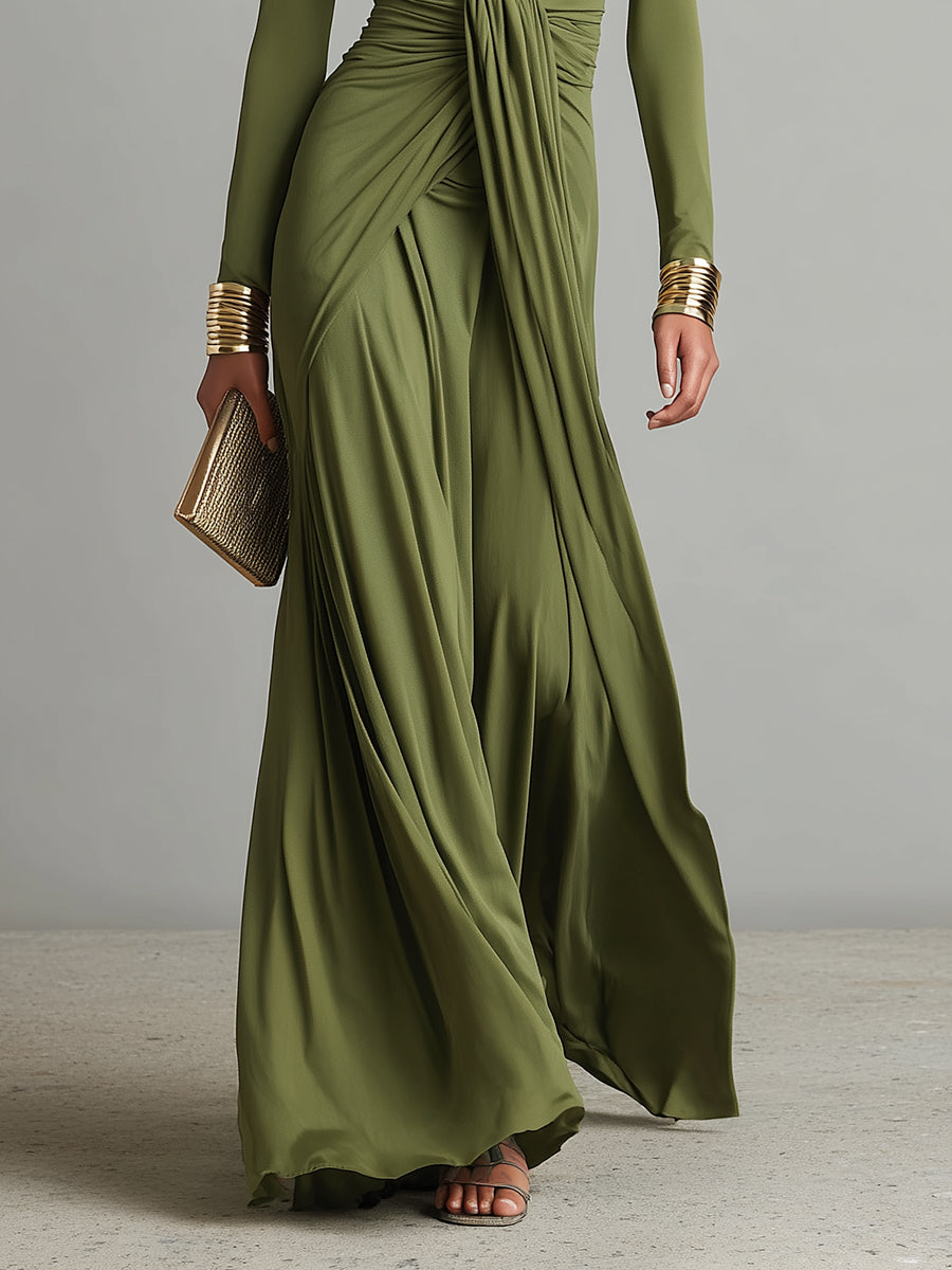 Robe en soie olive pour femmes avec coupe ajustée, décolleté en V profond et détails froissés, robe maxi éclatante MDA0509L8I