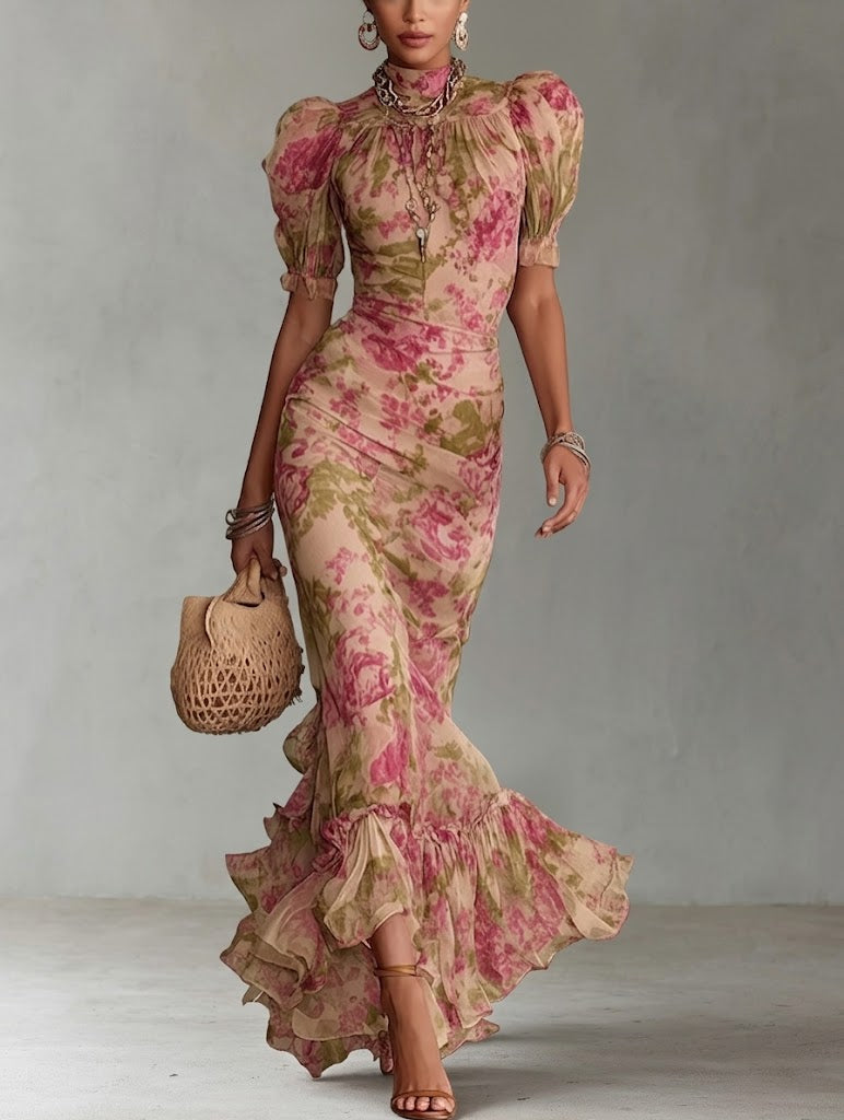 Fiore - Robe maxi avec imprimé vintage de roses et manches bouffantes