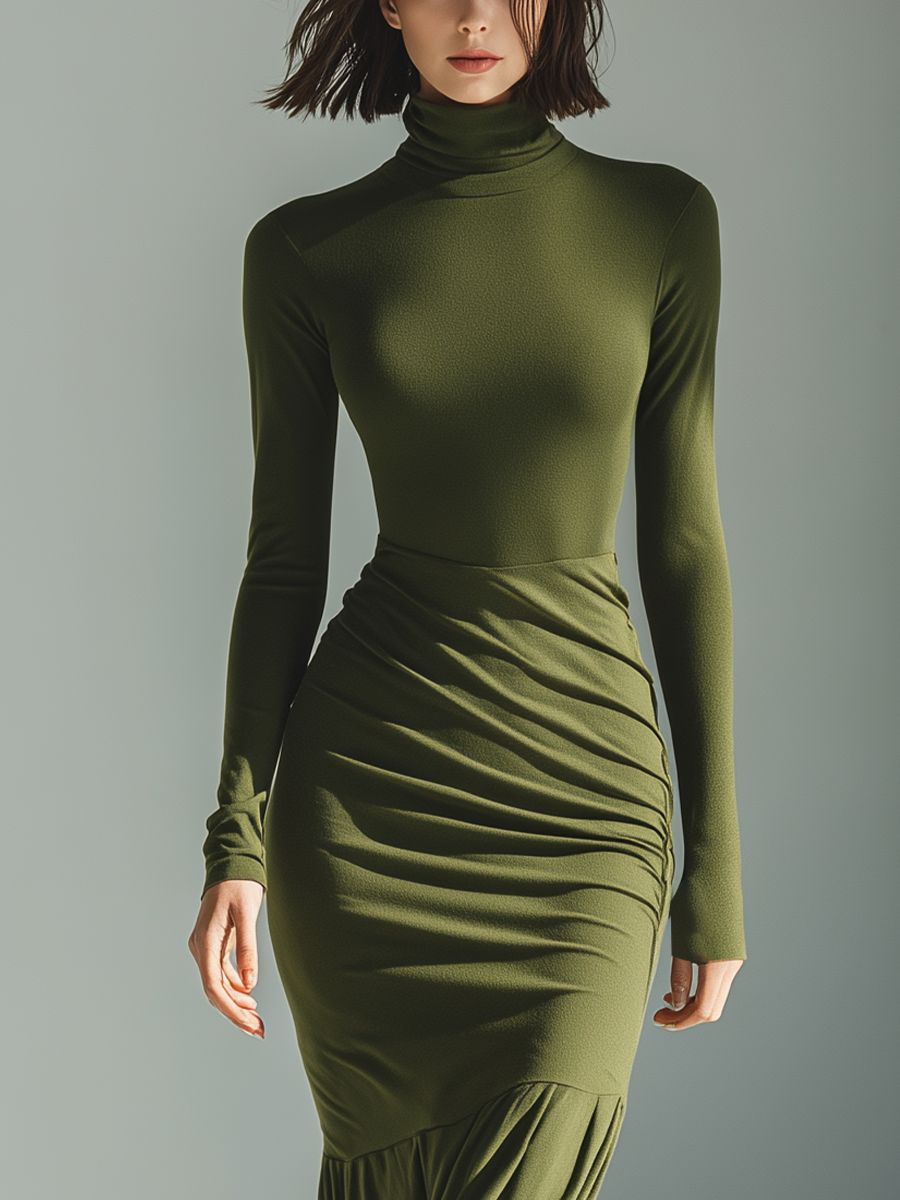 Robe maxi pour femmes en vert militaire avec col haut, tissu extensible et coupe ajustée MDA0556K1T