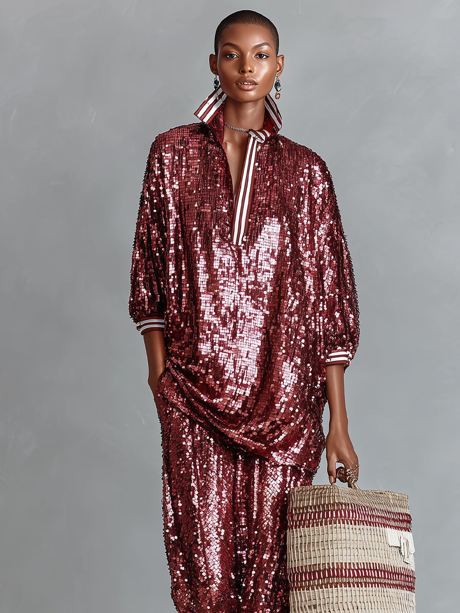 Ensemble lounge femme bordeaux brillant avec paillettes et bretelles - coupe large MDA3059I3I