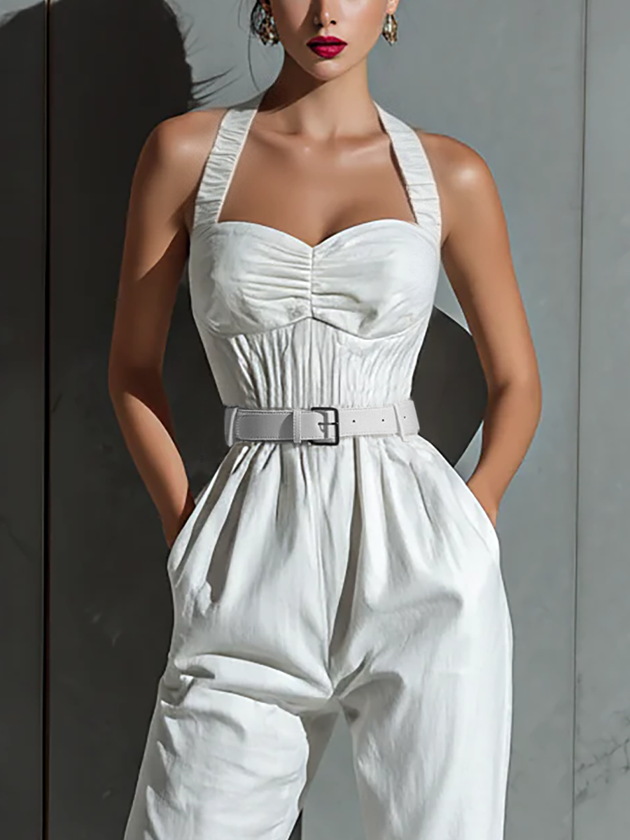 Ensemble femme en ivoire avec jambes larges et taille ornée MDZ0674B7T