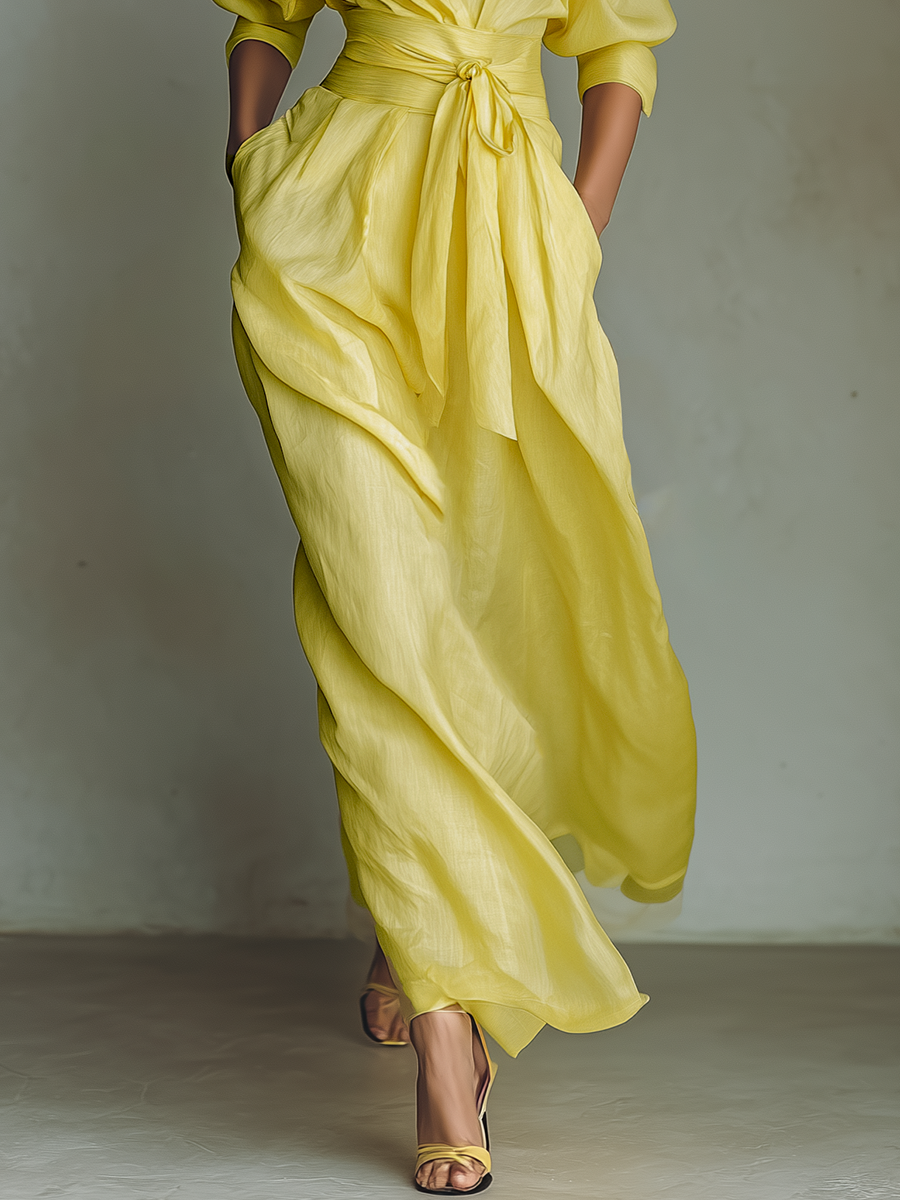 Robes maxi en coton et lin de couleur jaune citron pour femmes avec ceinture à nouer et manches mi-longues MDZ2884A4T