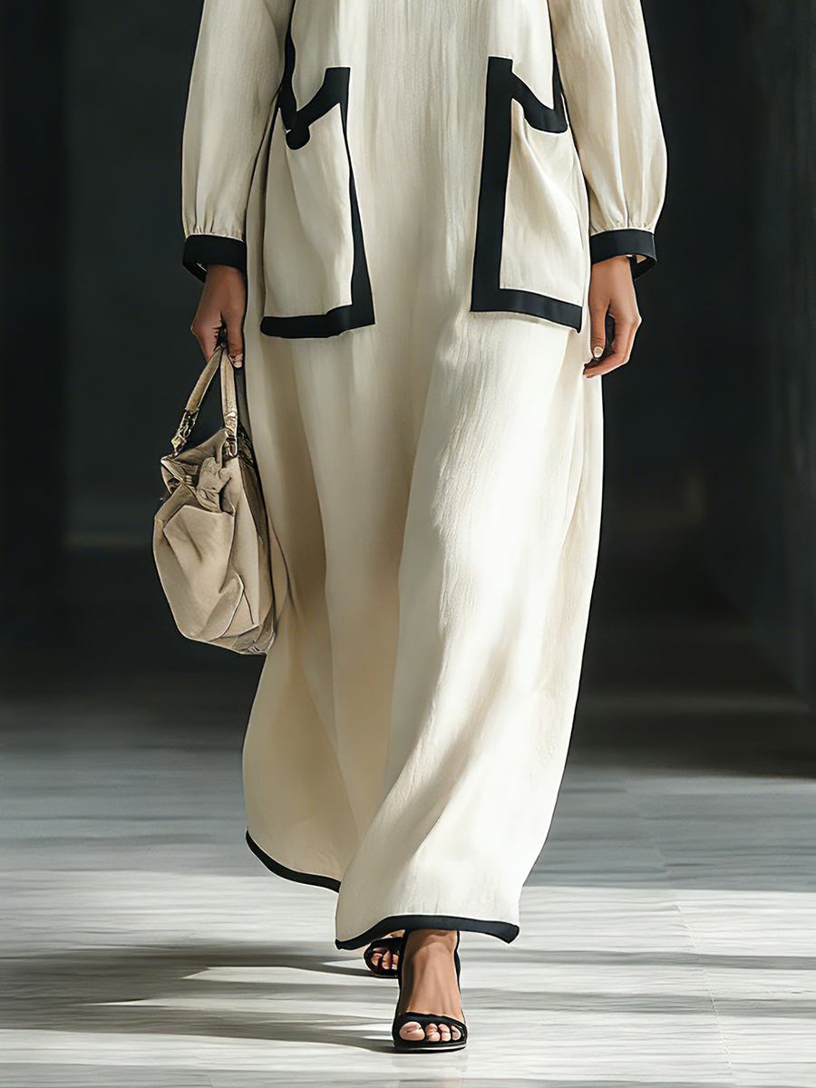 Robe maxi pour femmes en beige mélangé coton et lin avec col carré, finition noire et grandes poches MDZ1507A0T