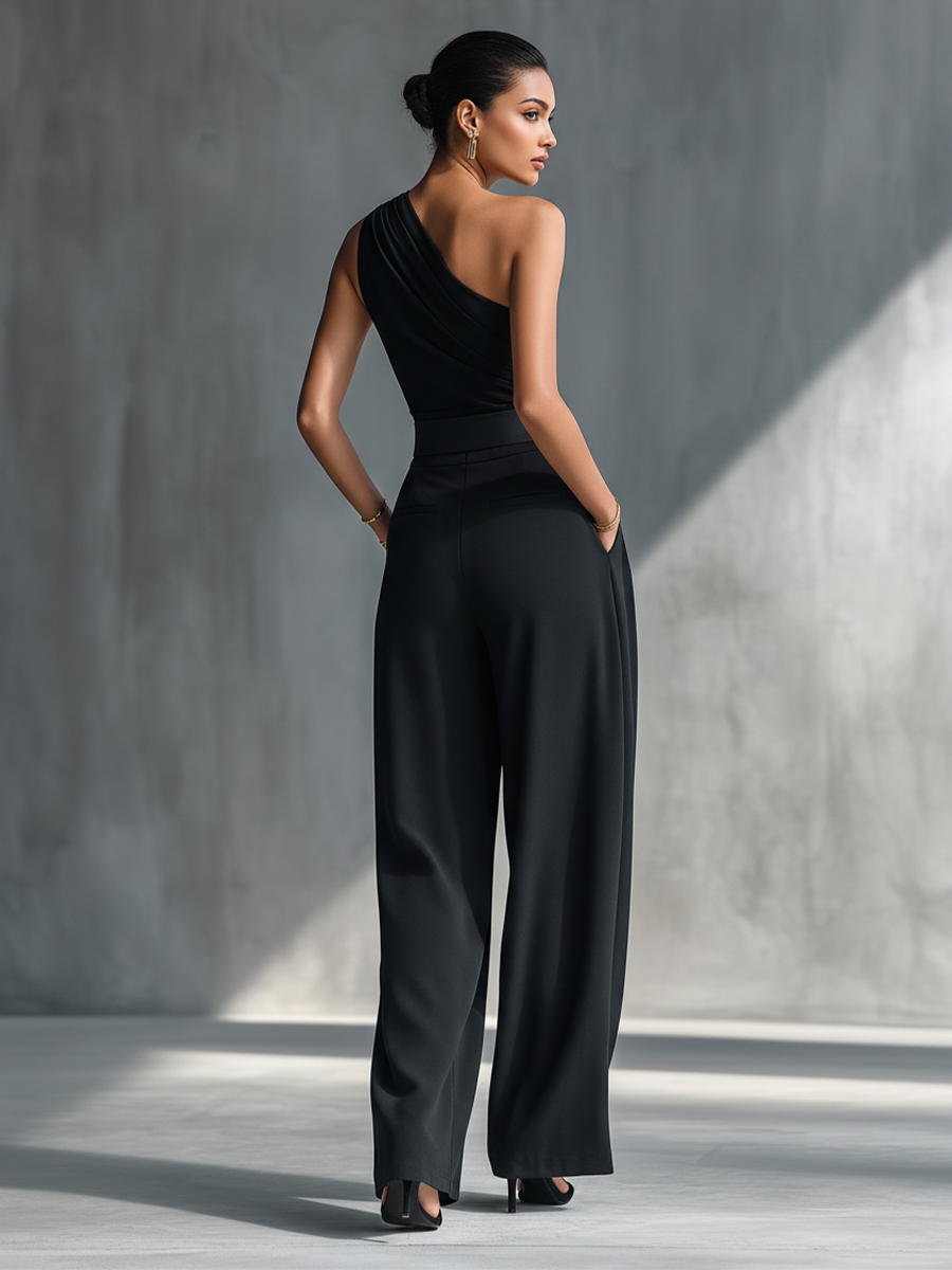 Débardeur noir en tricot pour femmes avec haute élasticité et pantalon en lin large MDZ1068B3T
