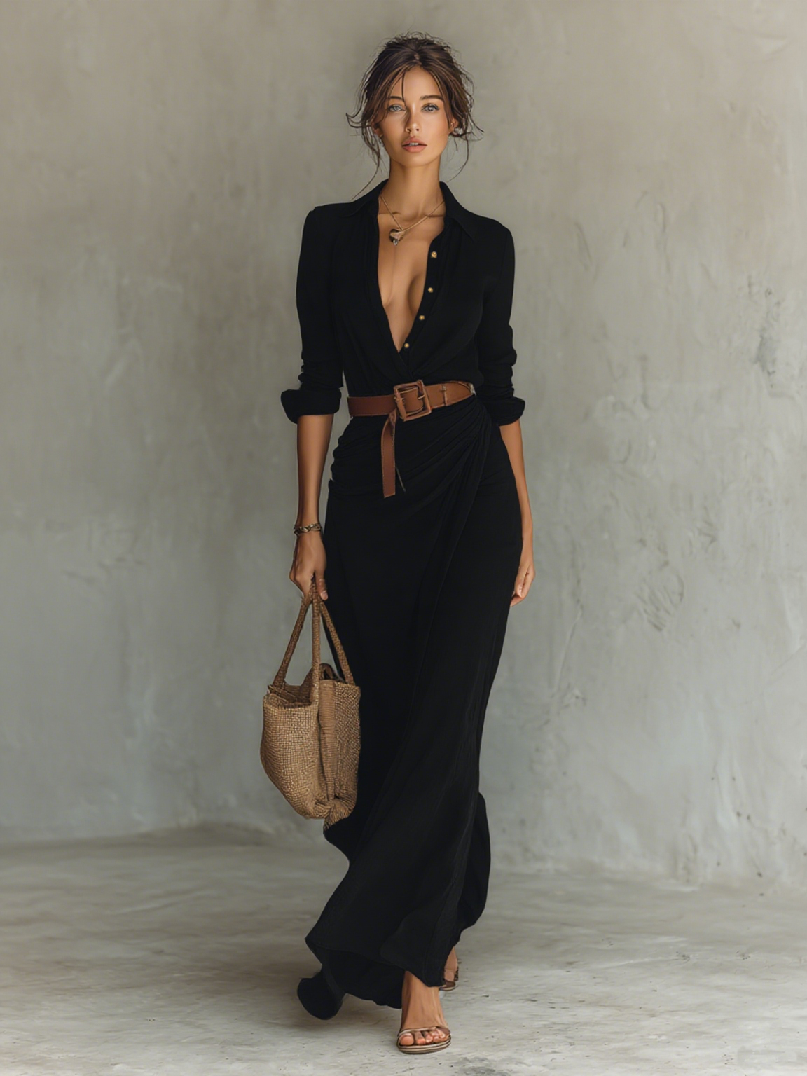 Robes maxi pour femmes avec col, à manches longues et fermeture à couture