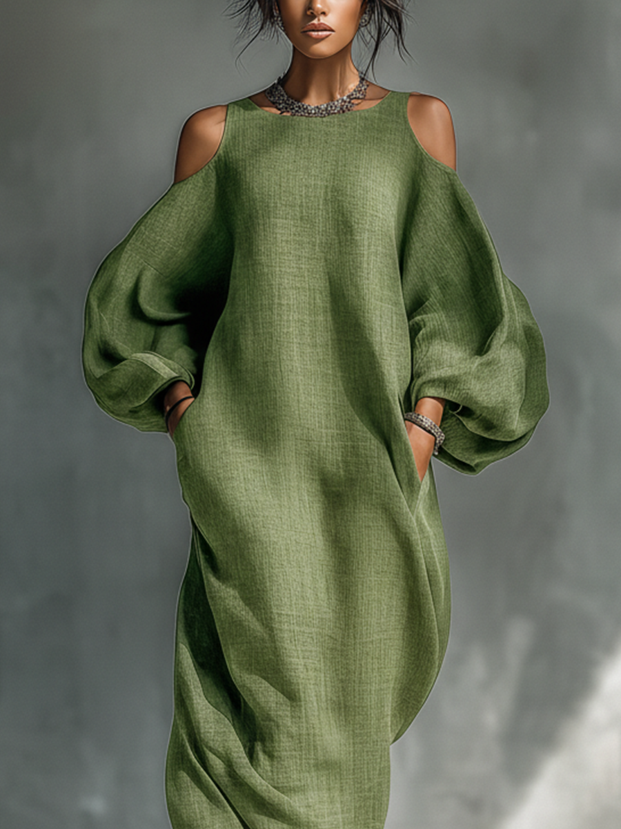 Robe maxi verte clair pour femmes avec épaules dénudées, manches bouffantes et poches latérales MDZ1004B7T
