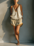 Ensemble de deux pièces : top tank à col V et jupe kaki pour femmes en couleur beige MDZ2086C2T