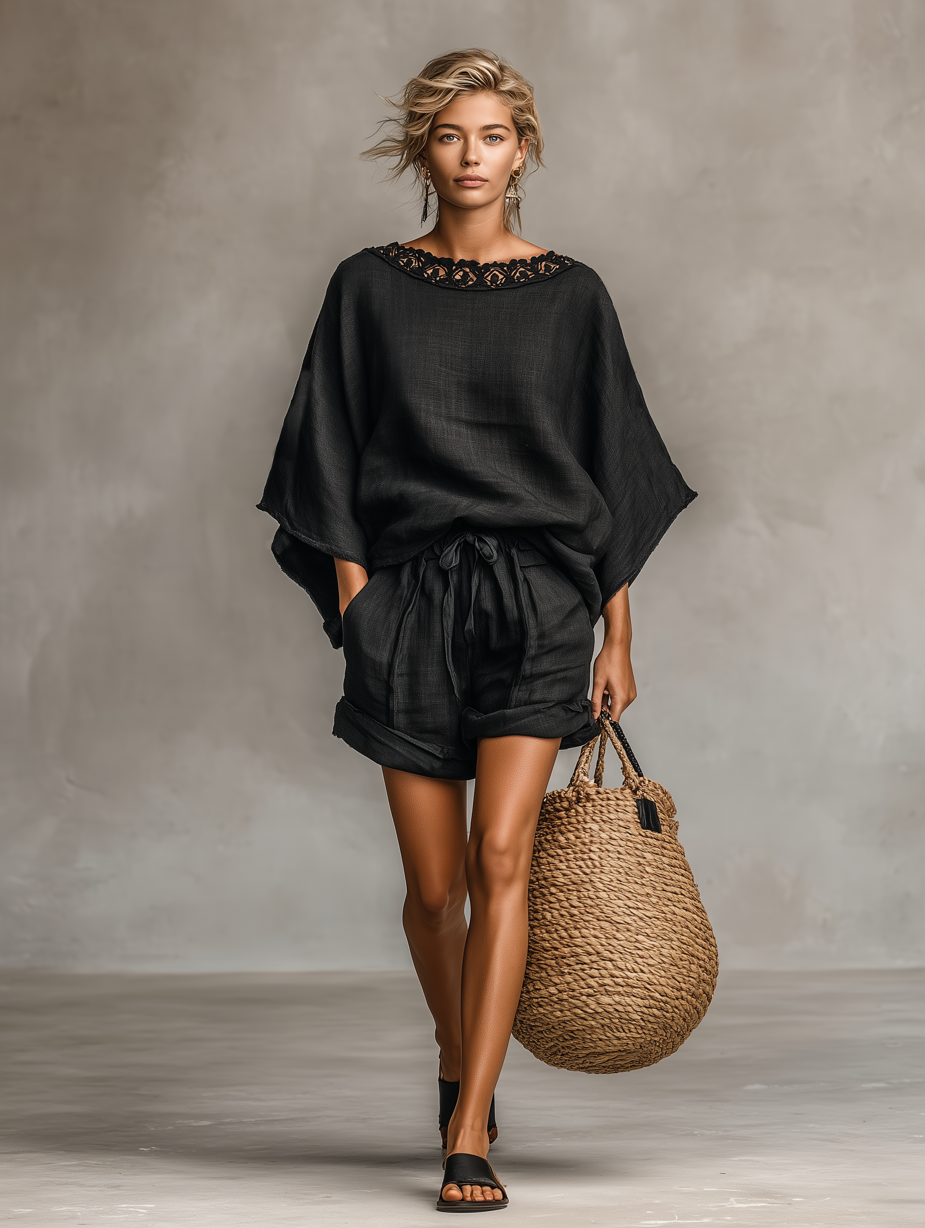 Ensemble chemise et short pour femmes en tissus mélangés avec lin, col bateau avec dentelle MDZ1635A9Y