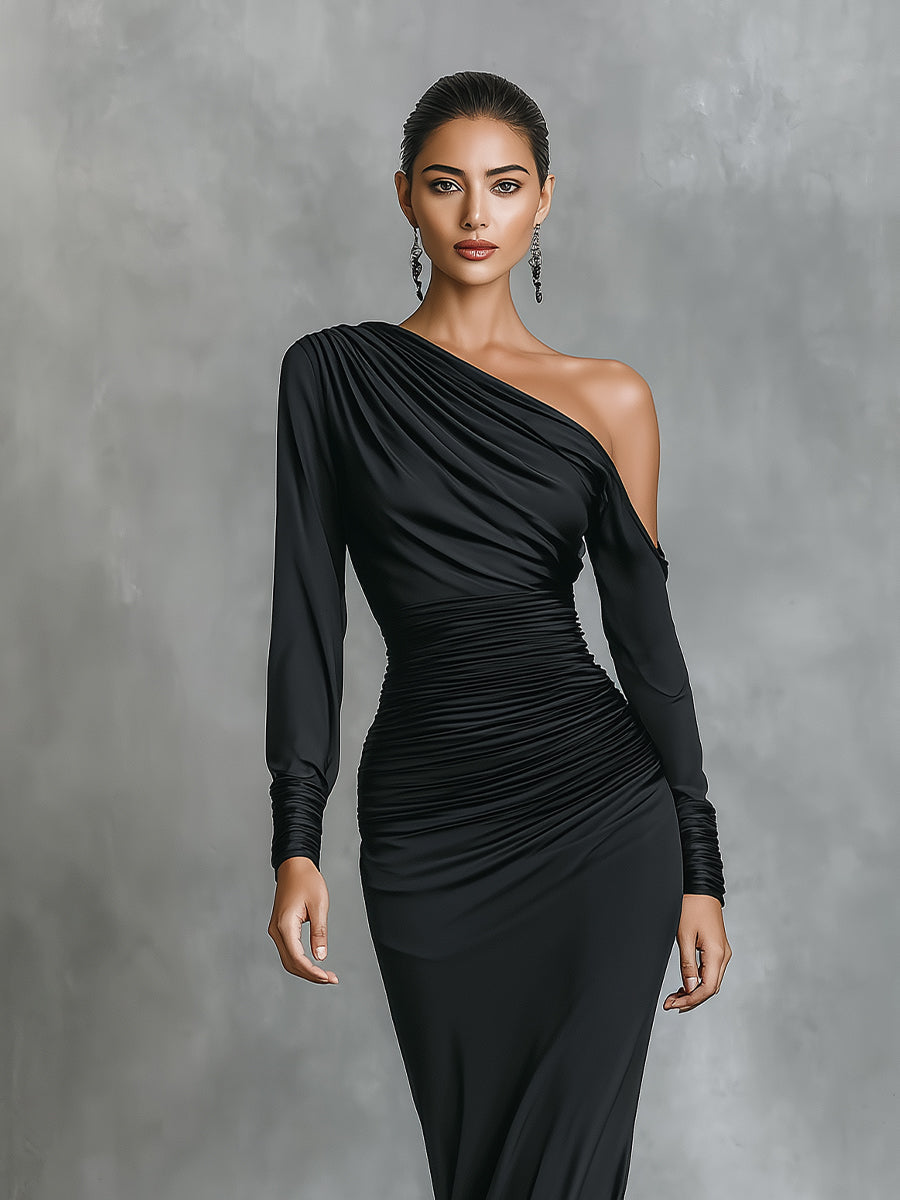 Robe maxi noire élégante pour femmes à une épaule avec ourlet MDA2278I0I