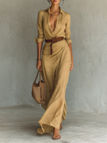 Robes maxi pour femmes avec col, à manches longues et fermeture à couture