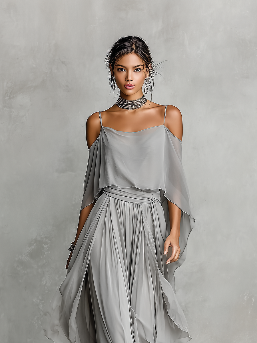 Ensemble en chiffon gris pour femmes avec détails d'épaule dénudée et silhouette évasée, ensemble de style féminin-moderne luxueux MDZ2651B6I