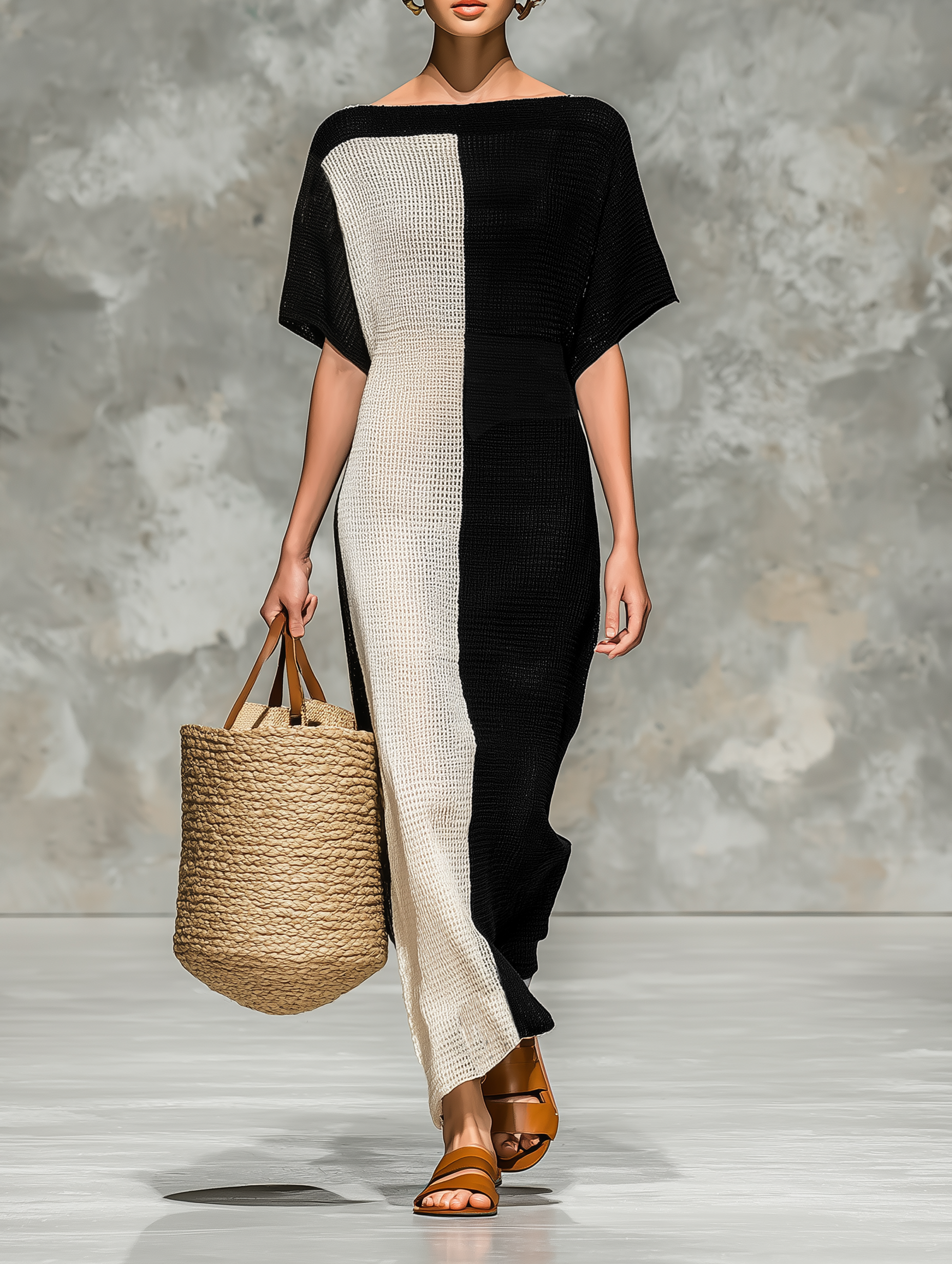 Robe maxi courte avec col bateau pour femmes, tricotée en minimalisme MDZ0969A4Y