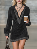 Robe mini avec col de chemise brodé en simili cuir pour femmes dans un style vintage MDA1807I4Y