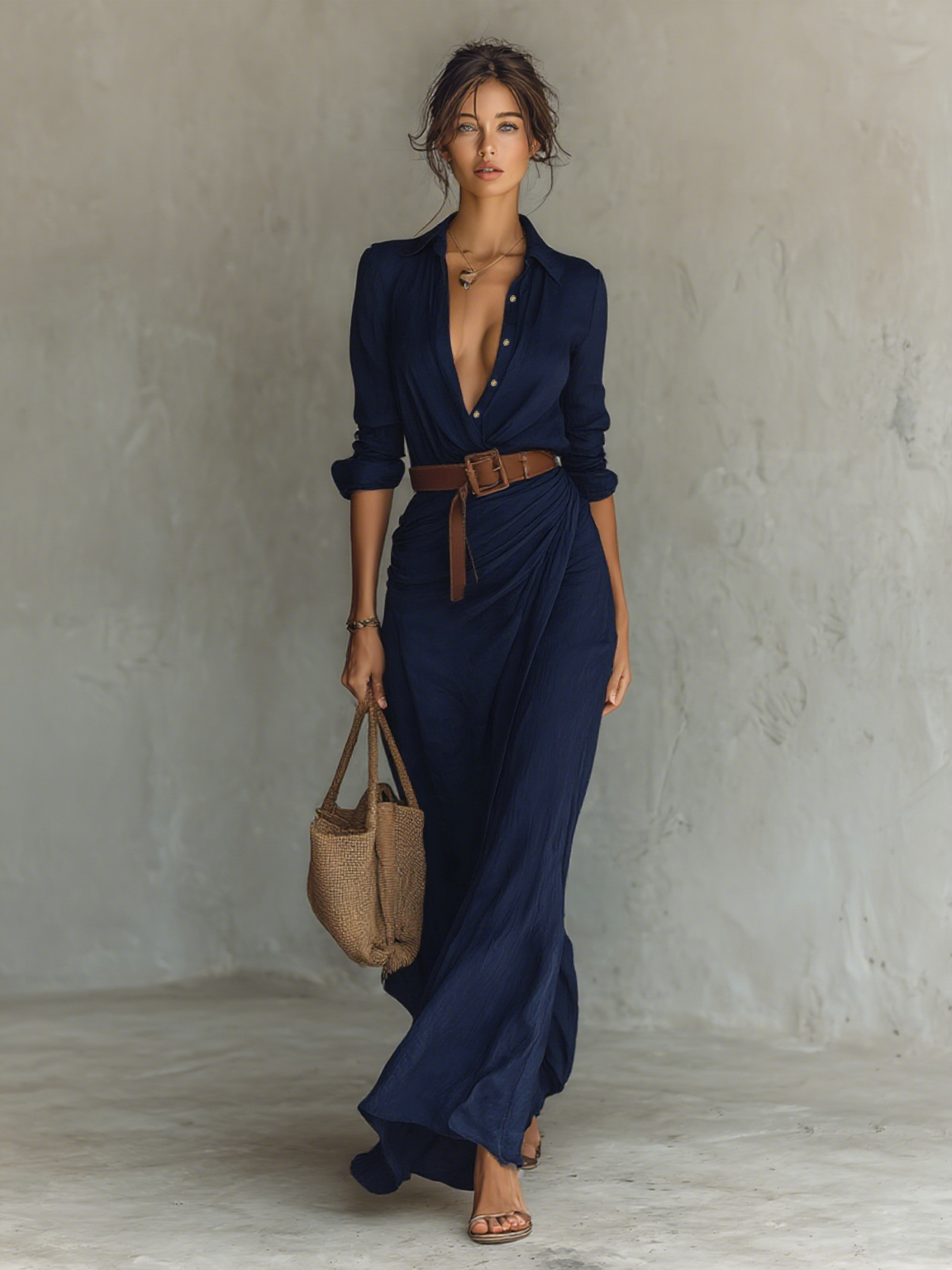 Robes maxi pour femmes avec col, à manches longues et fermeture à couture