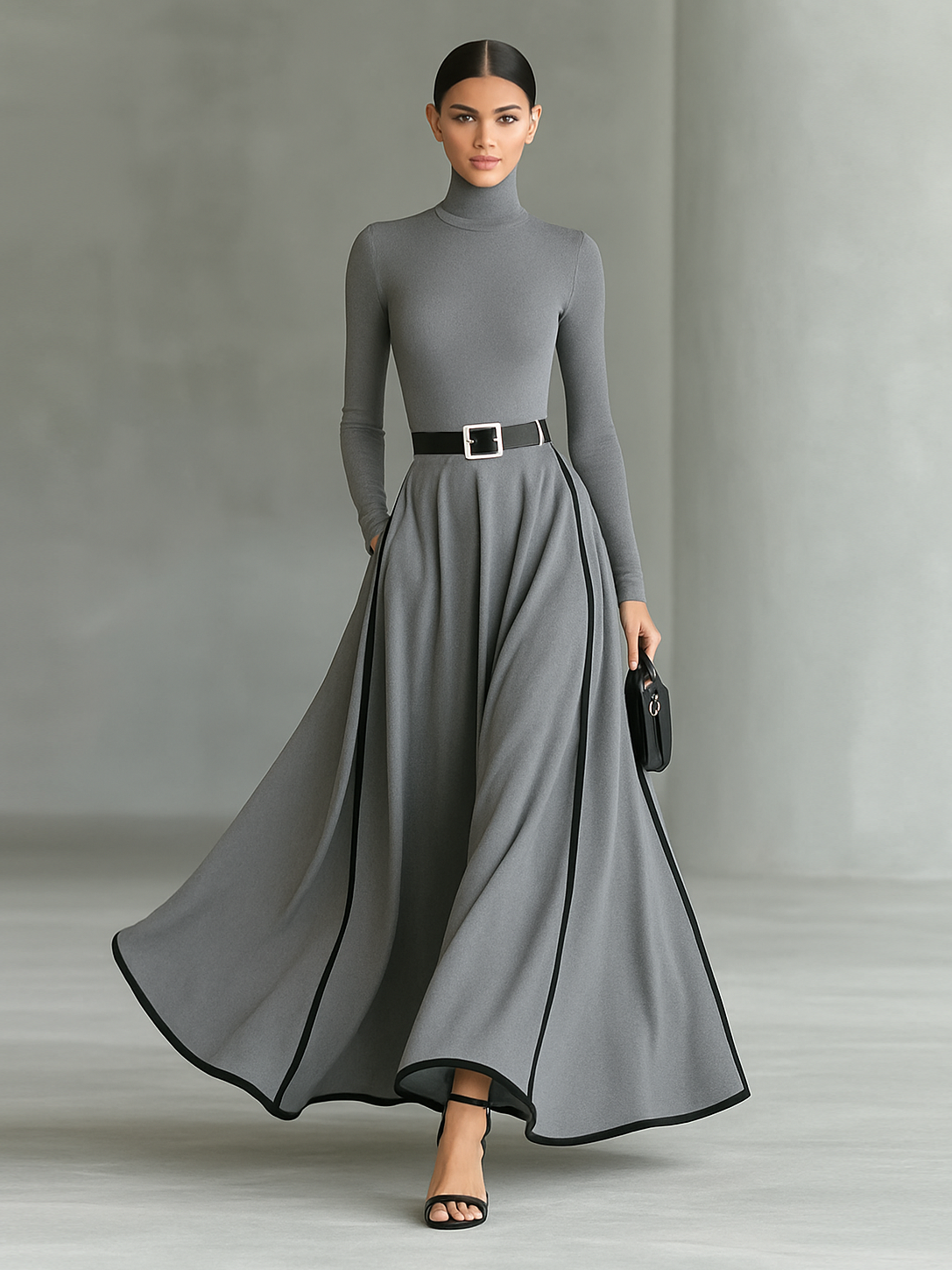 Robe maxi noire avec des coutures blanches, col haut, manches longues et taille cintrée