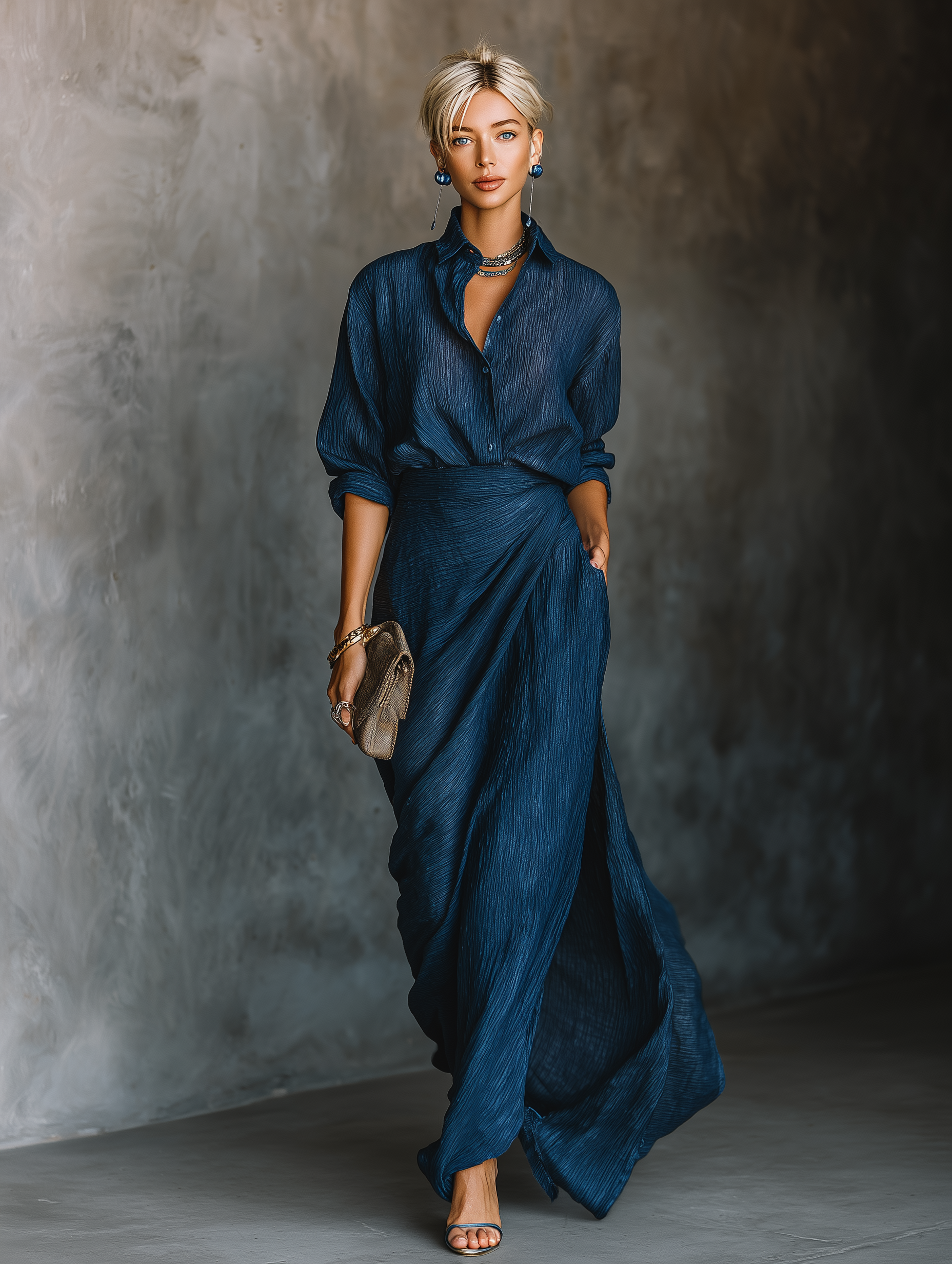 Ensemble jupe longue et blouse élégante en bleu marine en coton et lin