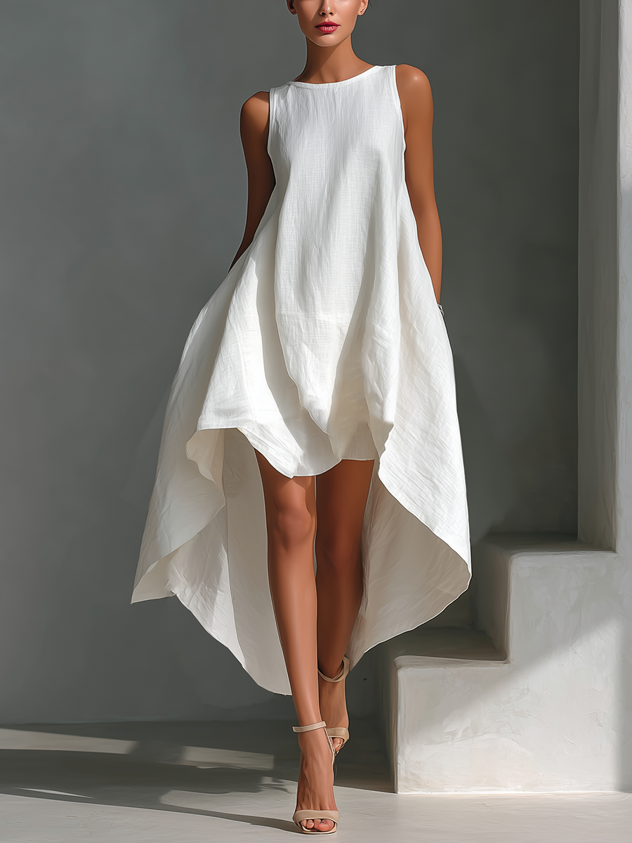 Robes midi pour femmes en lin blanc sans manches avec col rond et jupe asymétrique MDZ0987B9T