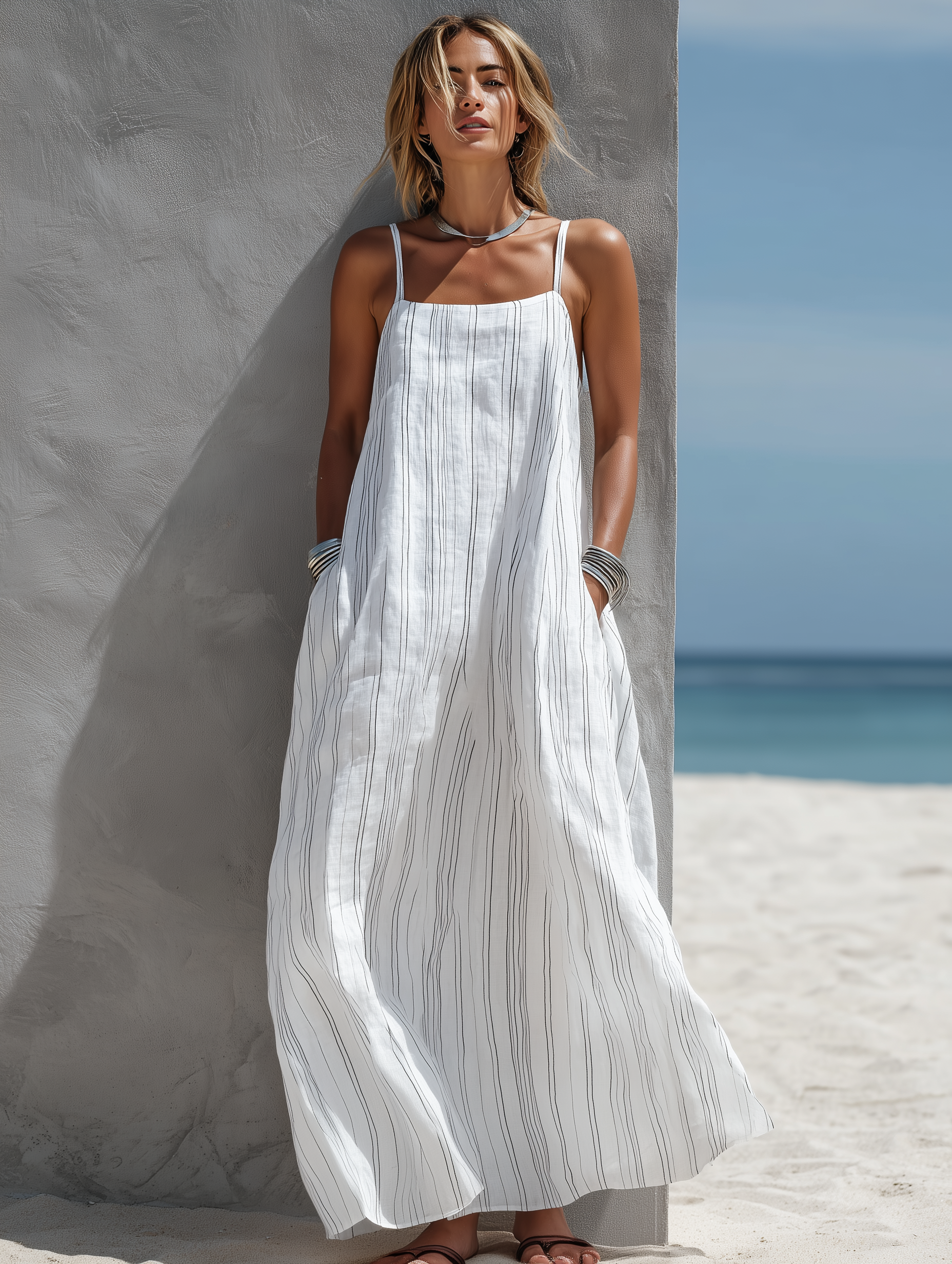 Robes longues pour femmes avec rayures verticales, blanc, léger et fluide MDZ0324C9AN