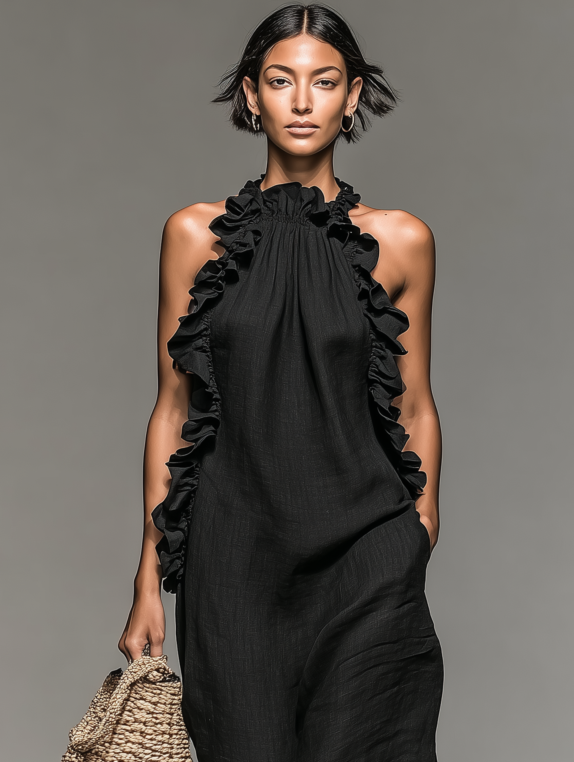 Robes maxi sans manches en lin minimaliste avec des détails en dentelle