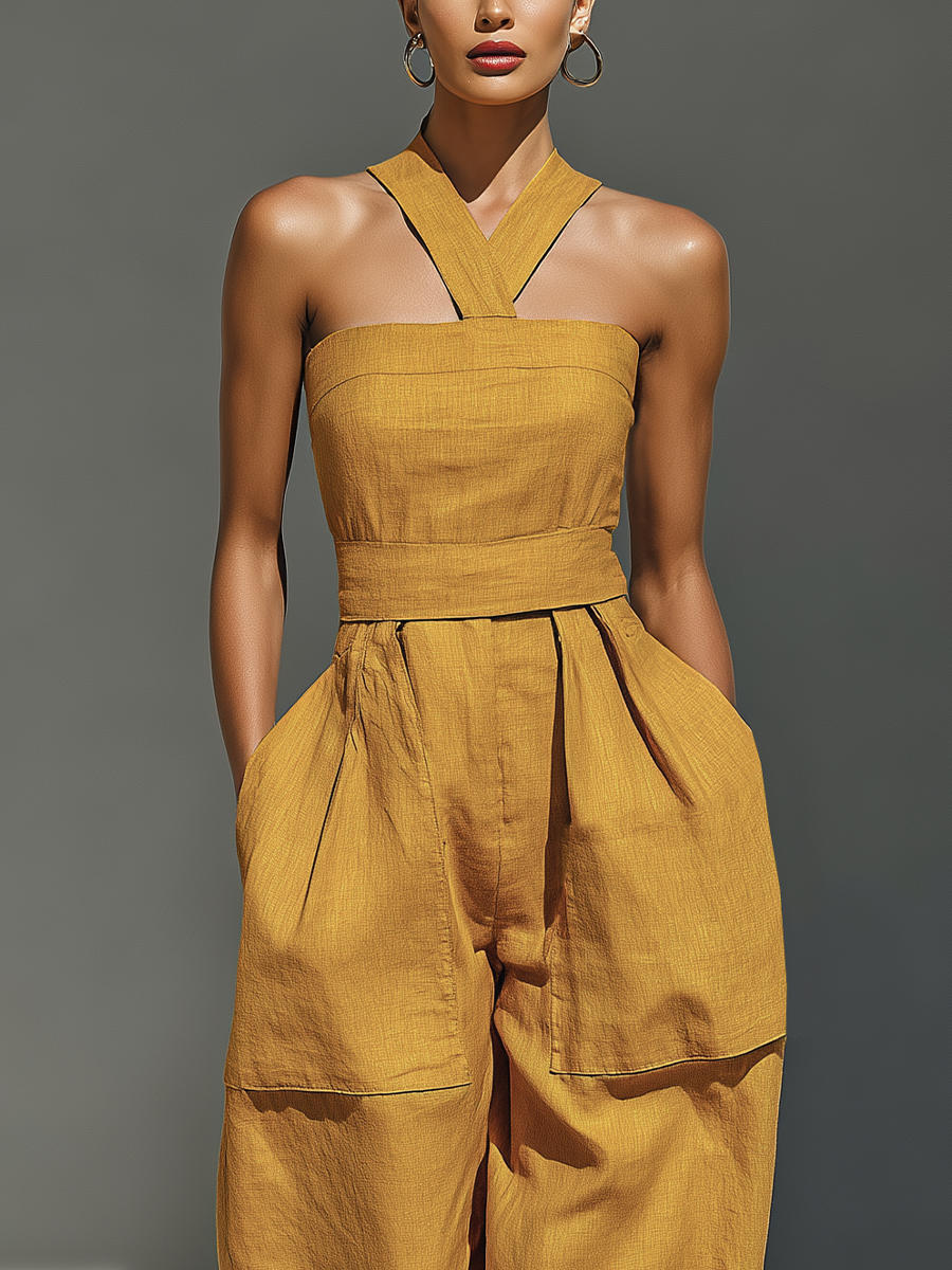 Ensemble femme couleur moutarde avec col croisé et pantalon ample MDZ2808B6T
