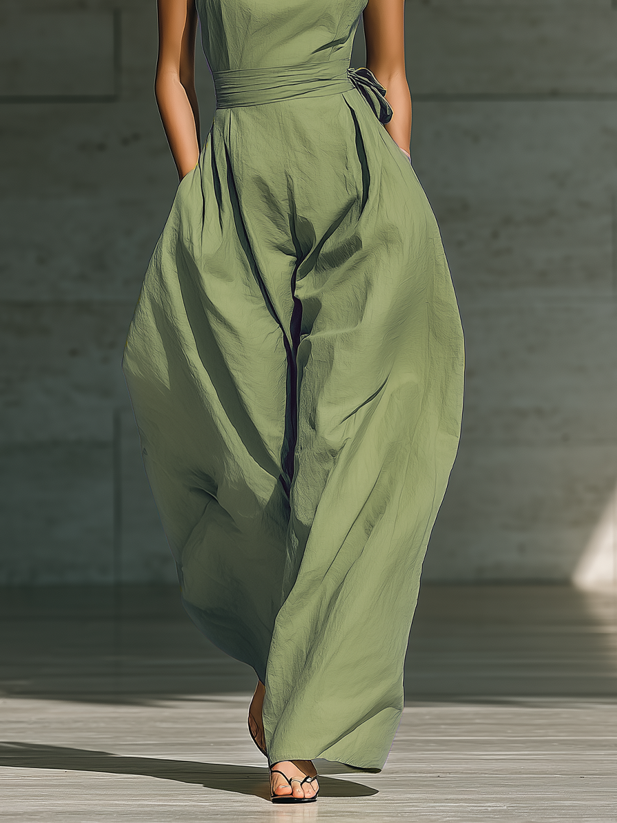 Robe jumpsuit à une bretelle et jambes larges de couleur vert clair pour femmes avec taille à nouer MDZ3136A8T