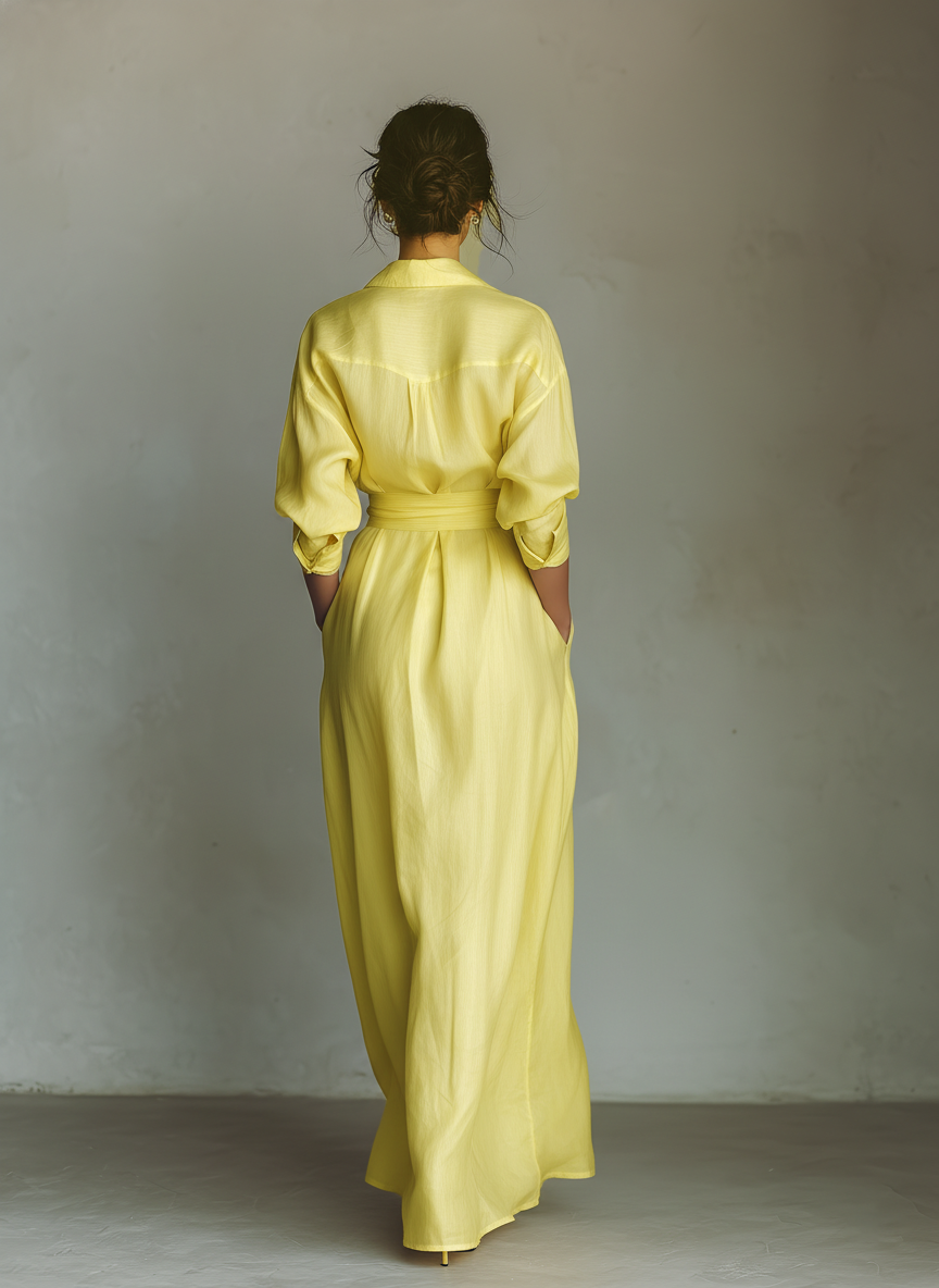 Robes maxi en coton et lin de couleur jaune citron pour femmes avec ceinture à nouer et manches mi-longues MDZ2884A4T