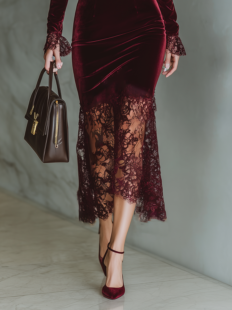 Robe maxi adaptée aux femmes en velours bordeaux MDA1190J4T