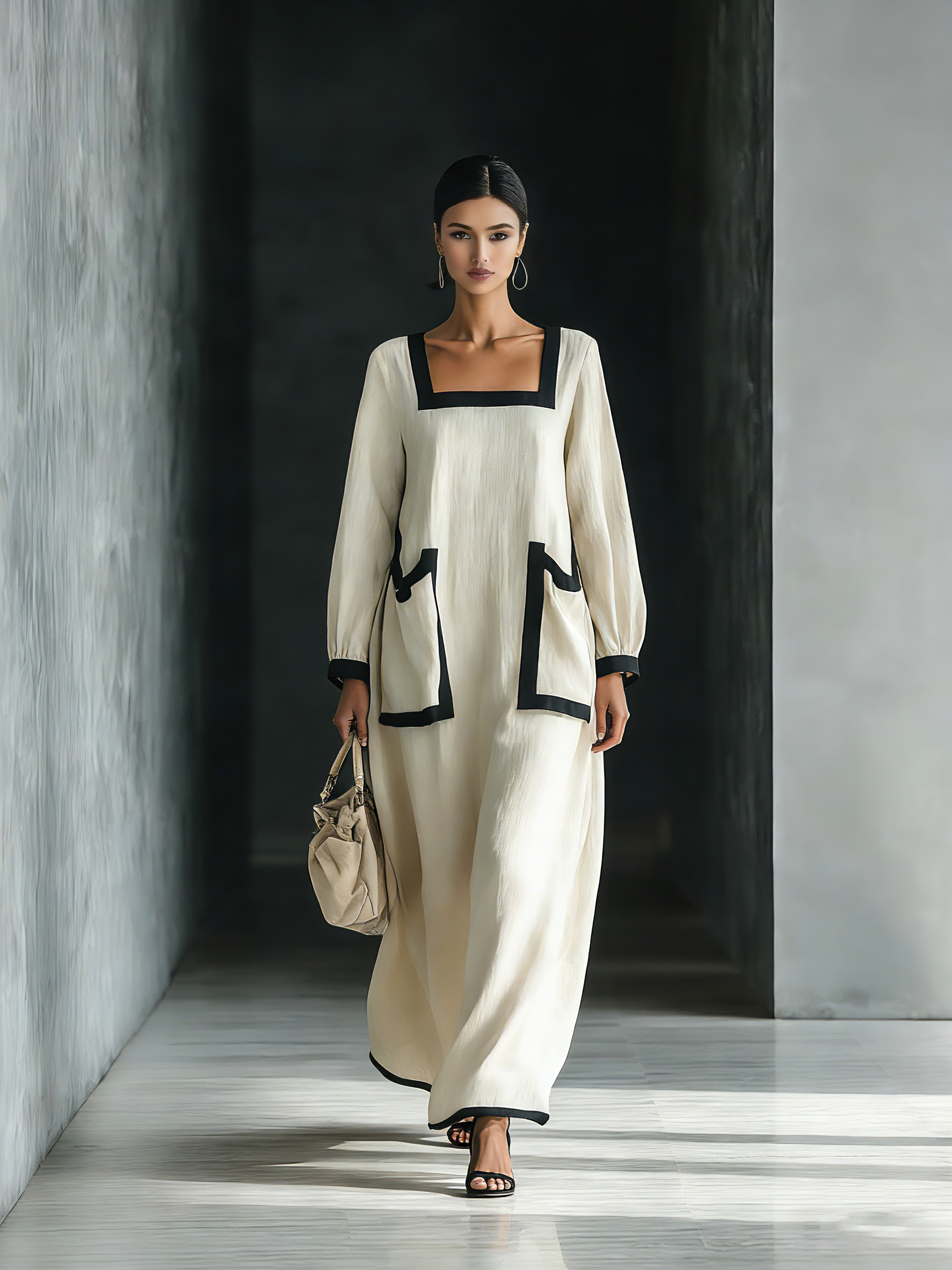 Robe maxi pour femmes en beige mélangé coton et lin avec col carré, finition noire et grandes poches MDZ1507A0T