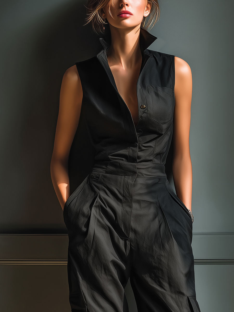 Combinaison sans manches pour femmes en noir avec poches cargo MDZ0908A3T