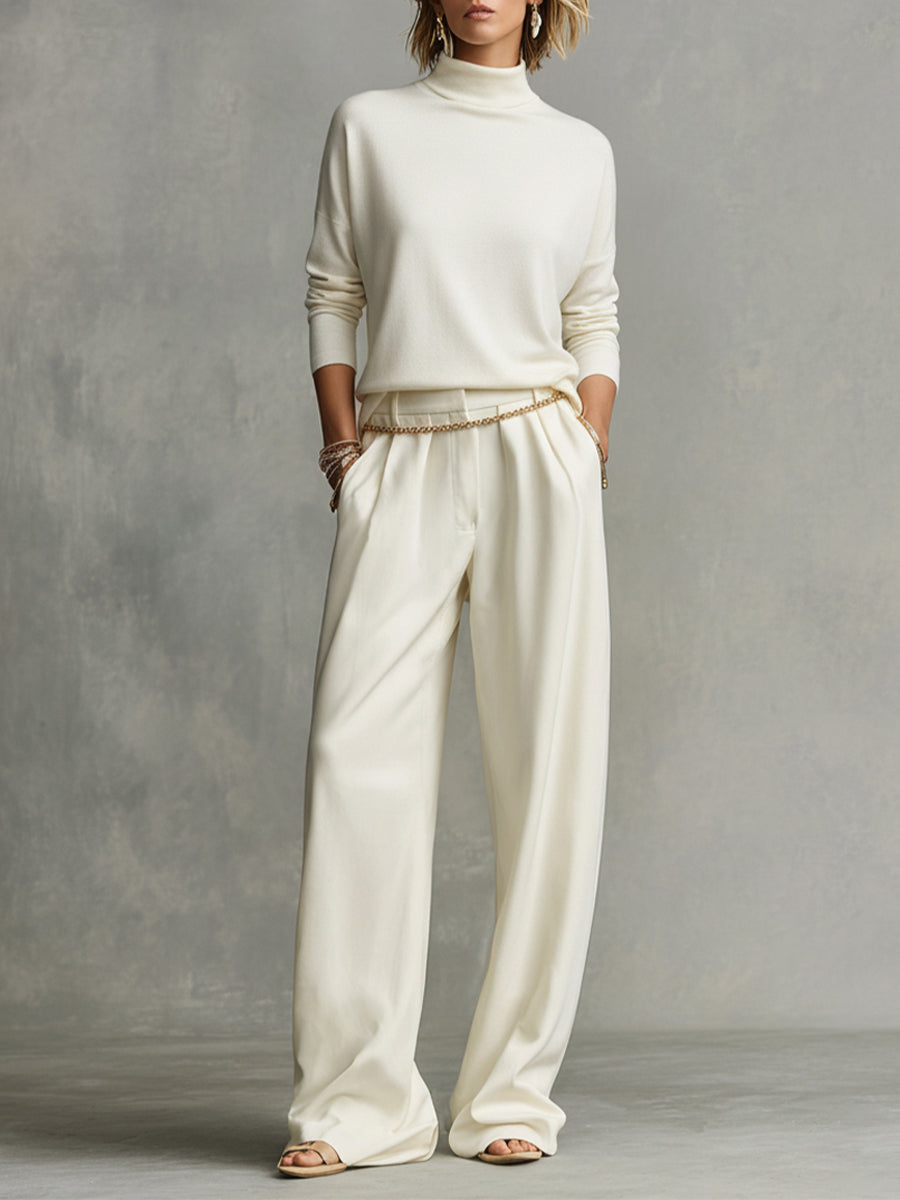 Chemise Turtleneck Femme en Crème avec Pantalons Amples MDA0185K5I
