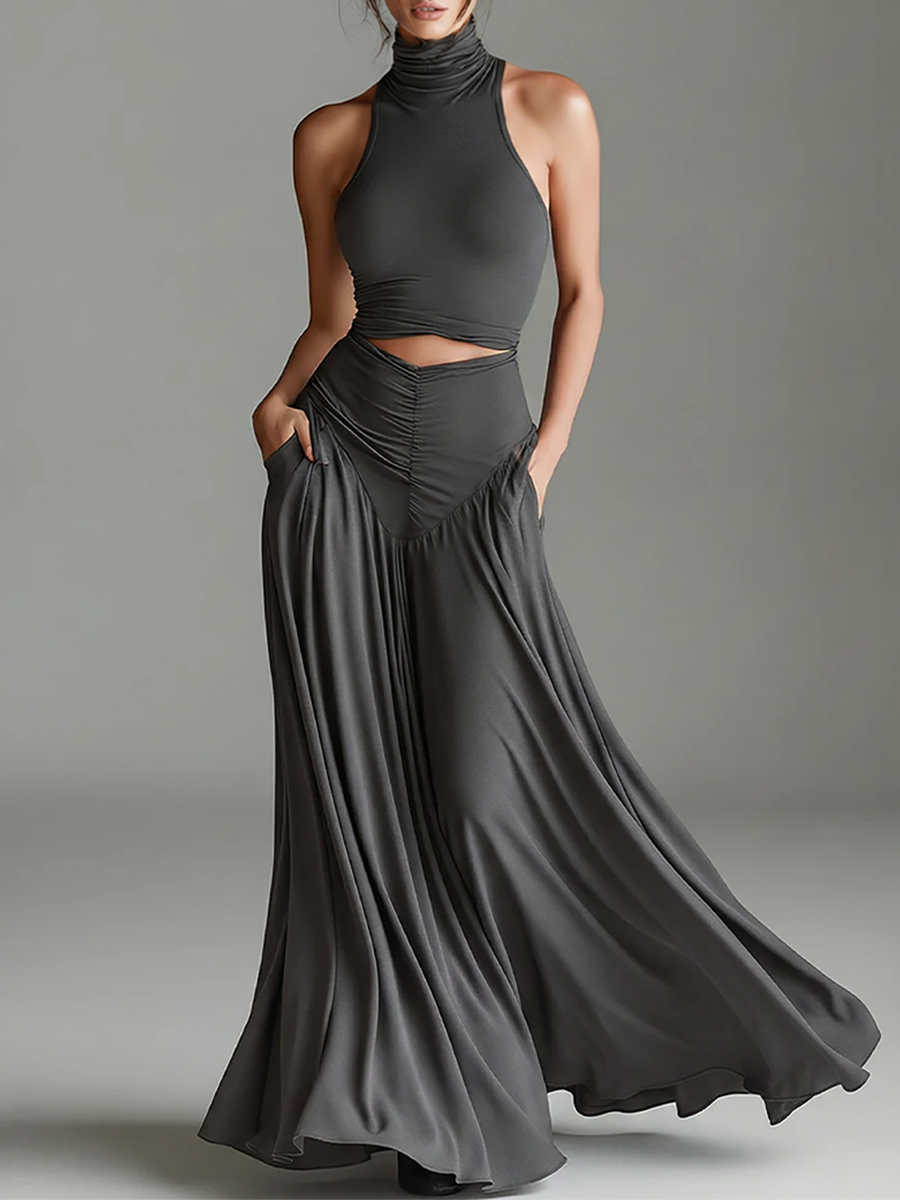 Robe femme gris foncé en tissu stretch avec col montant et taille cintrée, style minimaliste élégant intemporel MDZ0960B2I